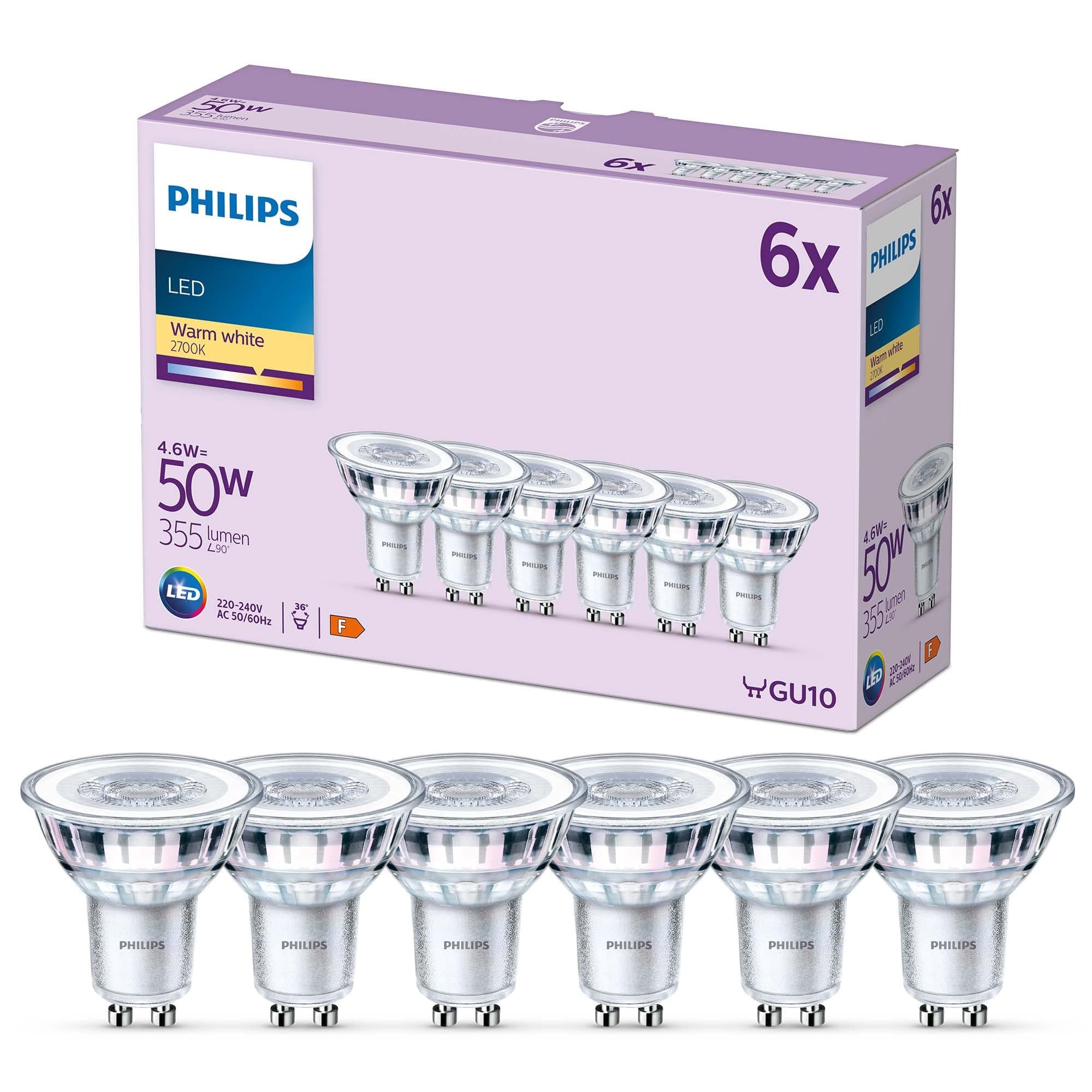 PHILIPS LED Classic Spot Light Bulb 6 Pack [Warm White 2700K - GU10] 50W, Non Dimmable. for Home Indoor Lighting