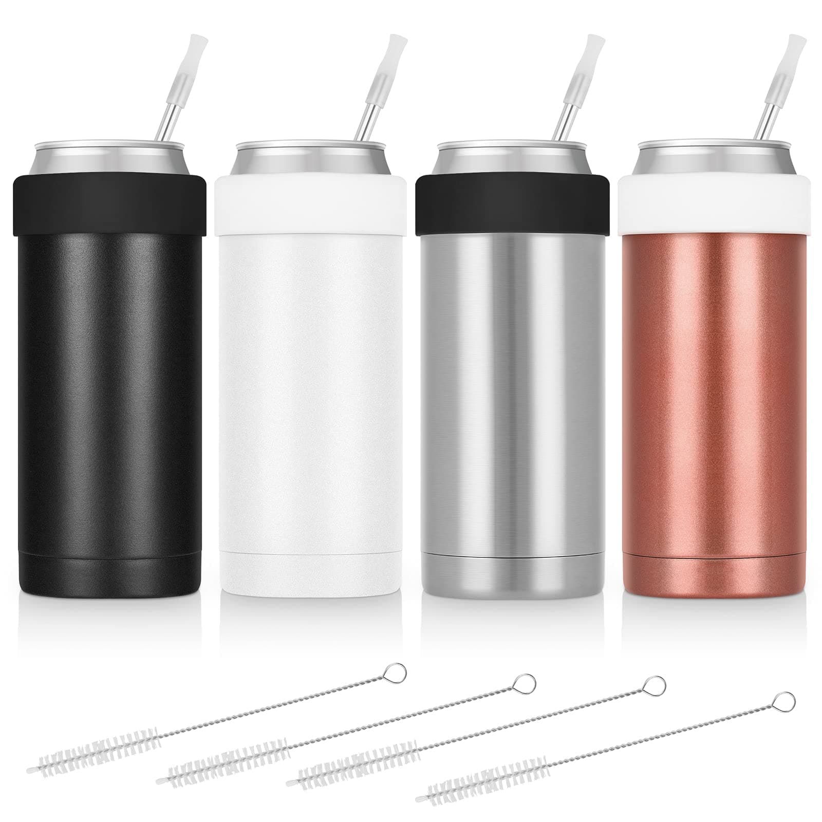 Standard 4 Pack Can Cooler with Straws, Double Wall Stainless Steel Can Cooler for 12Oz Standard Cans, Classic Vacuum Can Cooler Set Drink Cup (Black, White, Slivery, Golden)