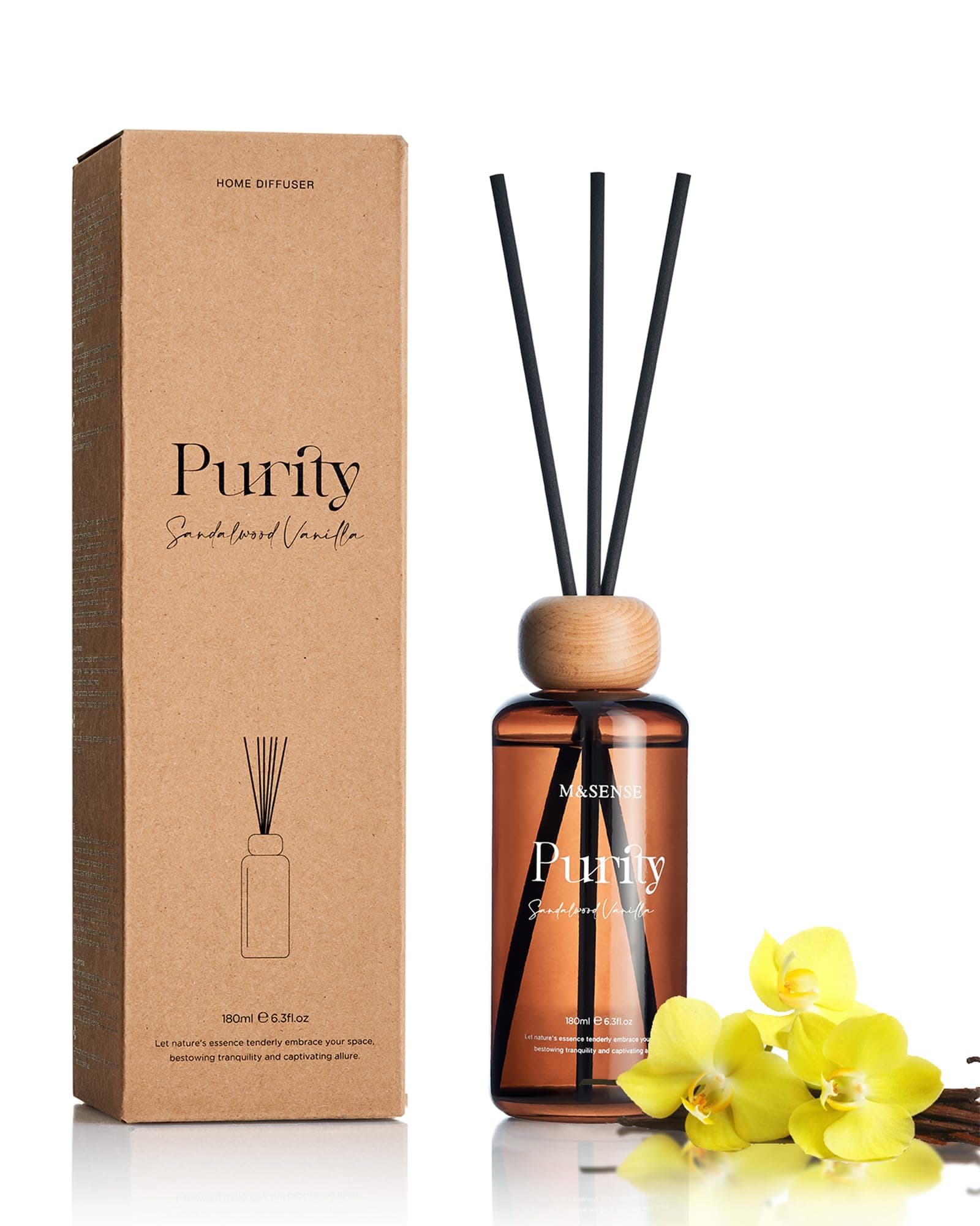 M&SENSE Reed Diffuser Set, Sandalwood Vanilla Scented 6.3 fl oz Natural Essential Oil Diffusers with Sticks, Non-Toxic Organic Air Freshener, Long-Lasting Fragrance Oils for Bedroom Gifts for Women