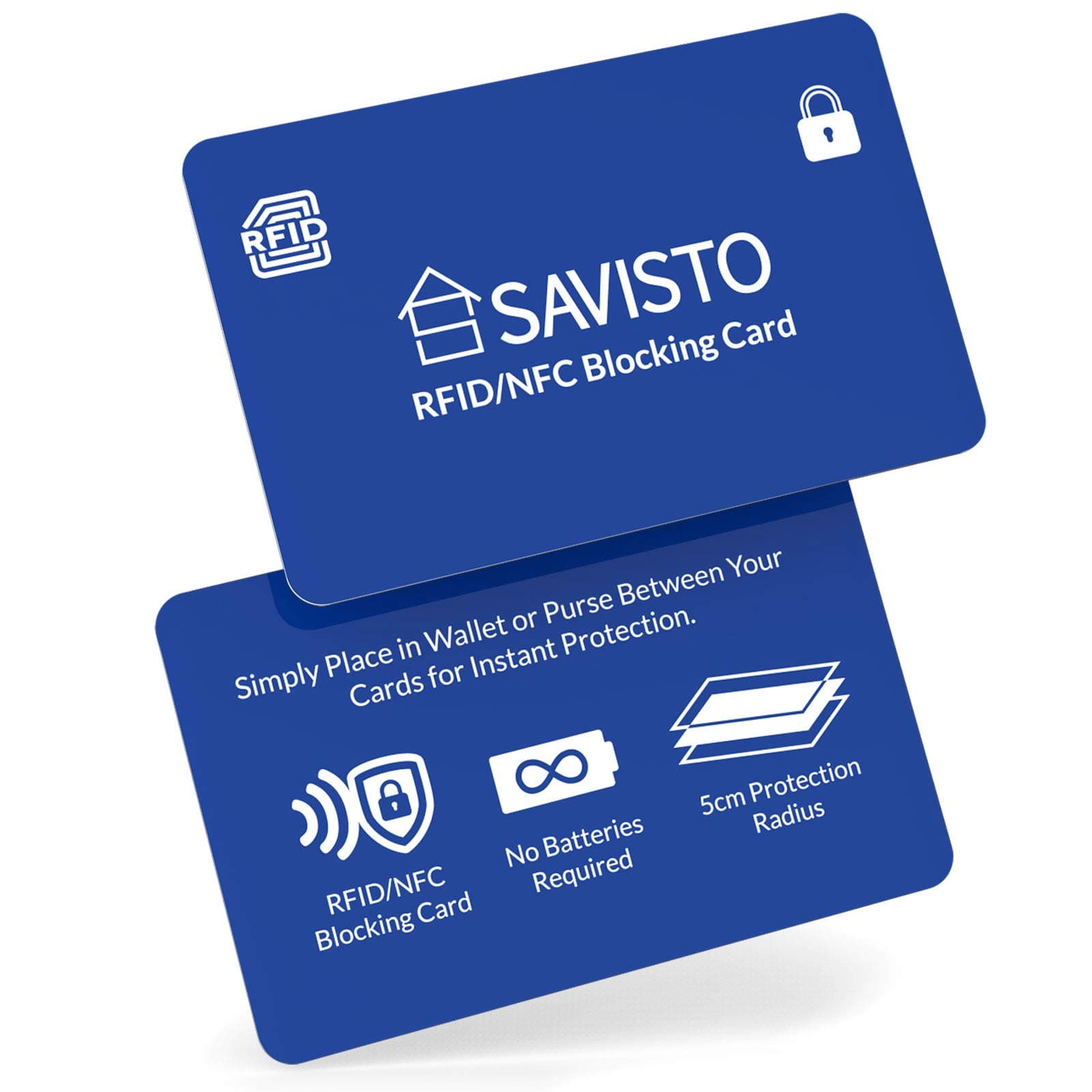 Savisto RFID Blocking Card, 2 Pack | Anti-Theft RFID/NFC Card Protector Insert with Jamming Signal | Protects Contactless Cards, ID Cards, Car Keys & More - Blue