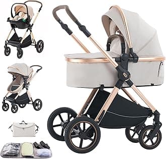 3 in 1 Baby Stroller with Height Adjustable Handle,3 in 1 Prams Travel System, Lightweight Foldable Pushchair, Prams with Aluminum Frame for Portable Baby Carriage (D2 RICEWHITE-N, D2)