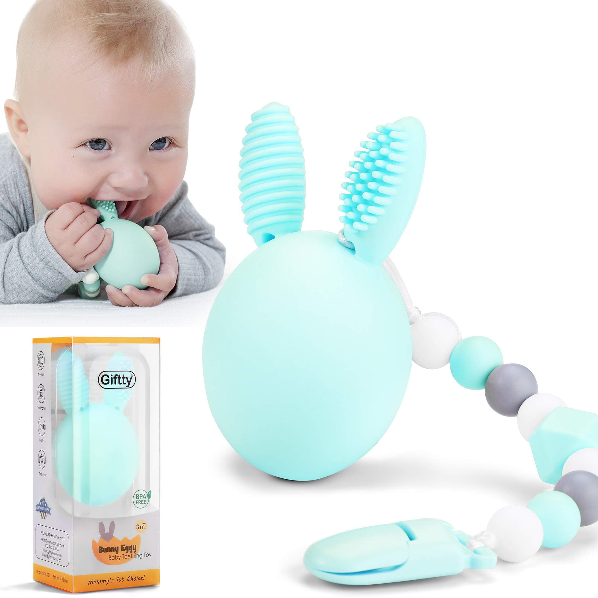 Bunny Eggy Teething Toy, Multifunction Teether Toothbrush Rattle Gum Massager Infants Sensory Toy with Silicone Bead Clip and Carry Box, 100% Safe Food-Grade Silicone for Baby Boys & Girls (Mint)