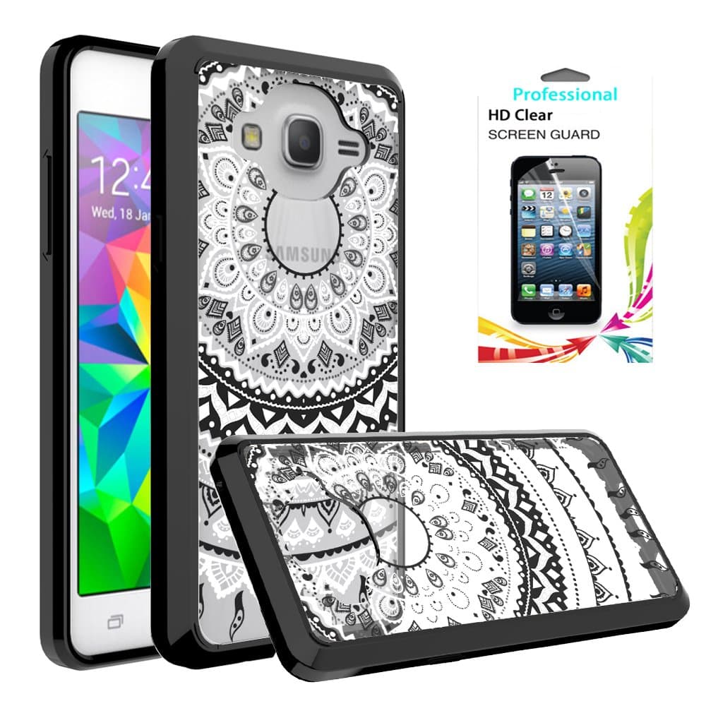 Galaxy On5 Clear Case with HD Screen Protector, AnoKe [Scratch Resistant] Colorful Dream Catcher Mandala flower Acrylic Hard Rubber TPU Bumper Hybrid Protective For Samsung Galaxy On5 / G550 TM Black