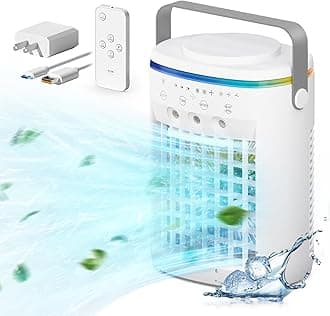 Portable Air Conditioner, Evaporative Air Cooler, 2-4-8H Timer Auto-Off &Remote, Water Tank, Three ultrasonic nozzles, 3-Speed Personal Air Conditioner Cooling Fan