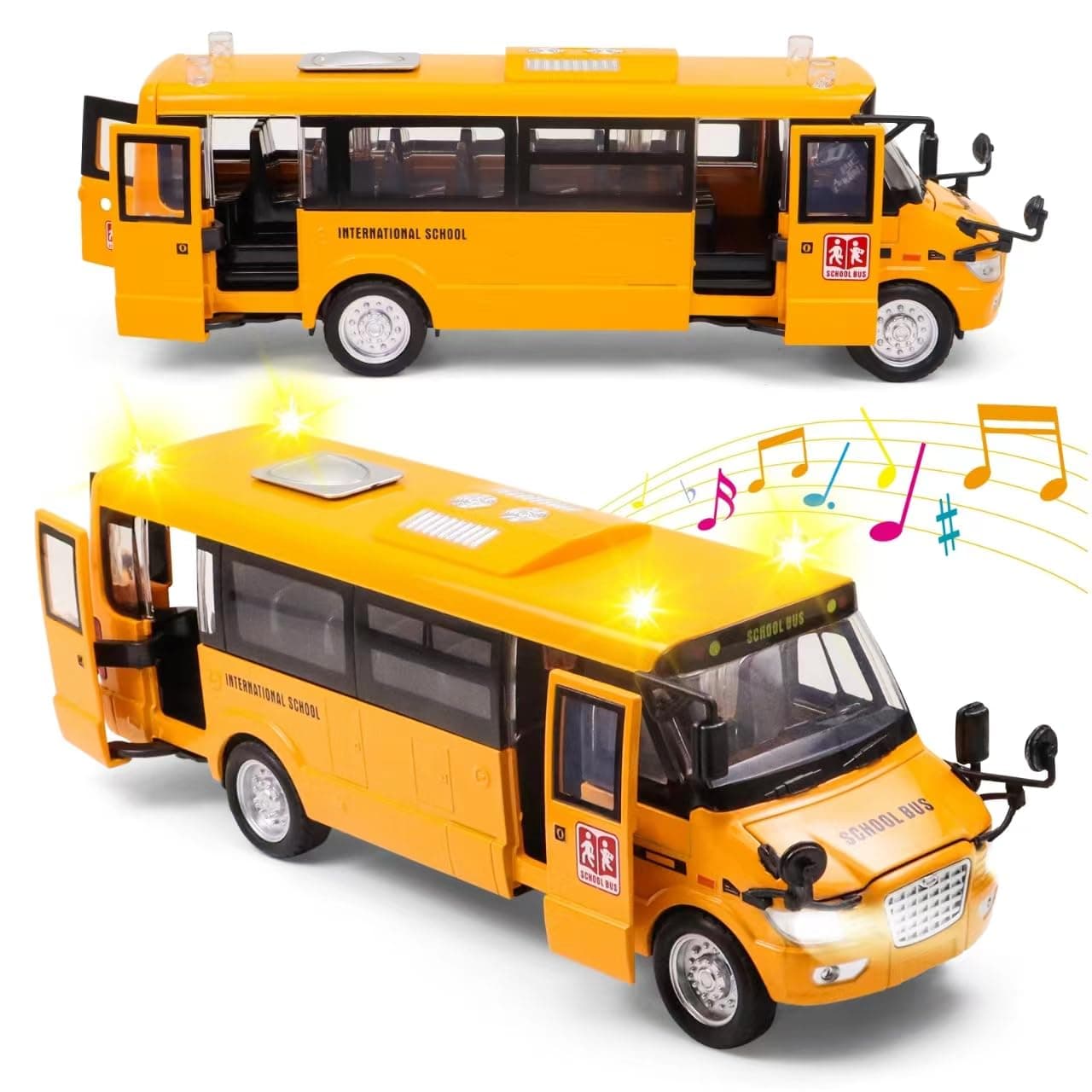 School Bus Toy for Toddlers - 9" Die-cast Pull Back Cars with Sounds Lights and Openable Doors, School Bus Toys for Kids Ages 4-8