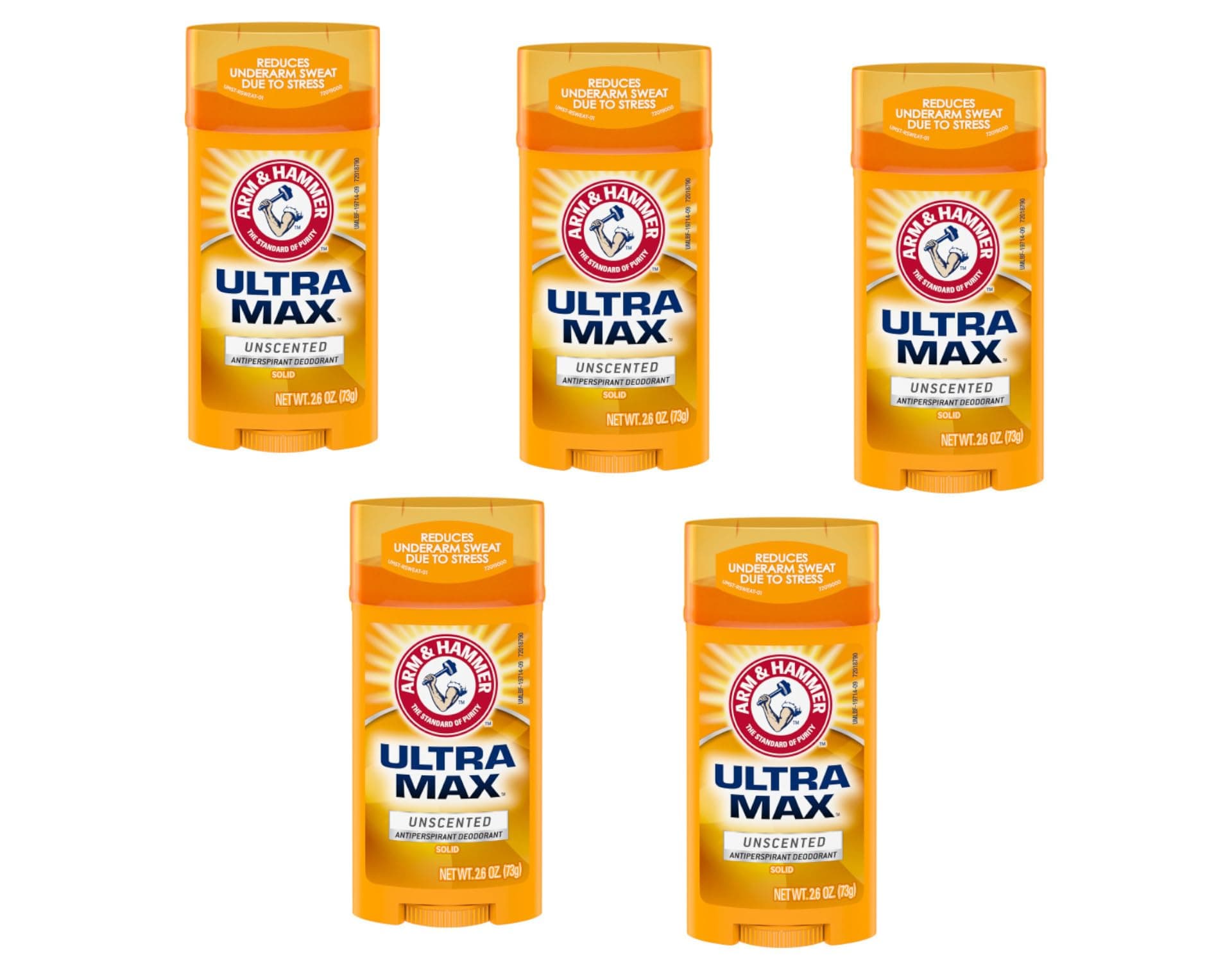 ARM & HAMMER ULTRA MAX Solid Antiperspirant Deodorant, Wide Stick, Unscented, 2.6 oz. (Pack of 5)