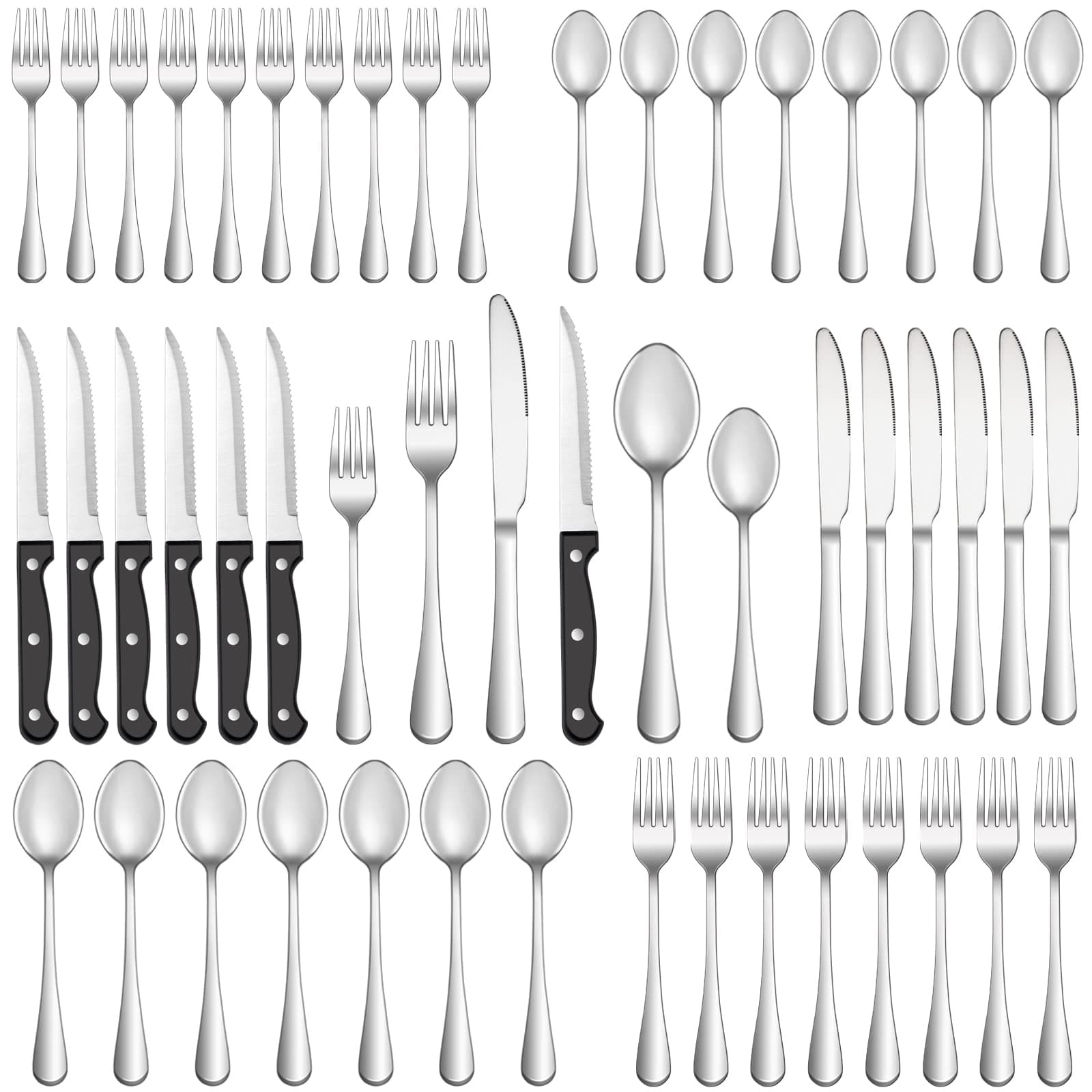 48 Pcs Silverware Set with Steak Knives Service for 8,Stainless Steel Flatware Set,Mirror Polished Cutlery Utensil Set,Home Kitchen Eating Tableware Set,Include Fork Knife Spoon Set,Dishwasher Safe