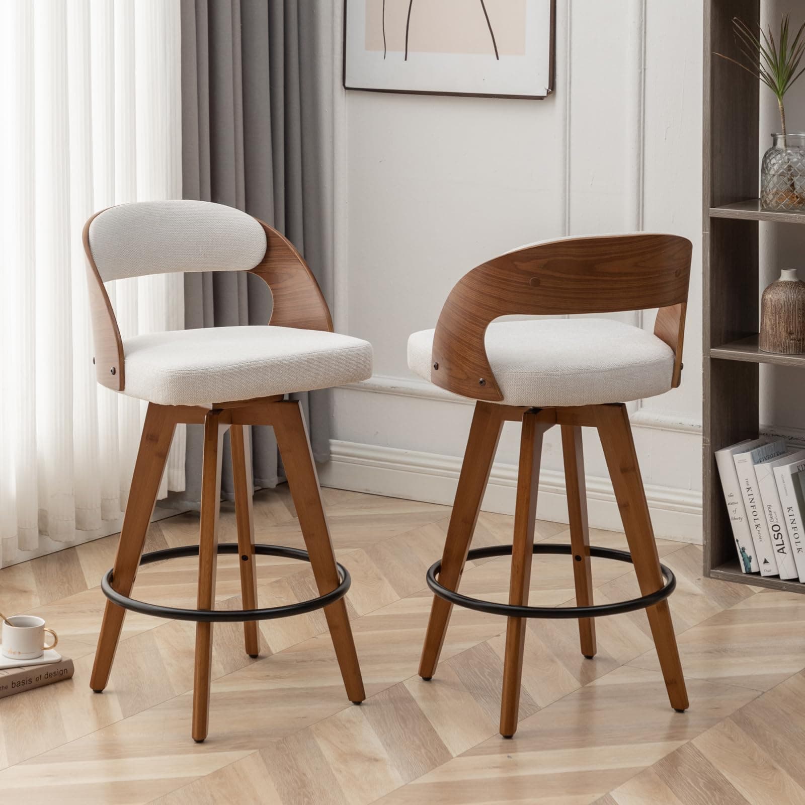 MEKLIBA Barstools Set of 2,Counter Height Bar Stools for Kitchen Island,26.8 Inch Modern Upholstered Bar Chair, Swivel Counter Stools with Back and Wood Legs (Beige-Fabric)