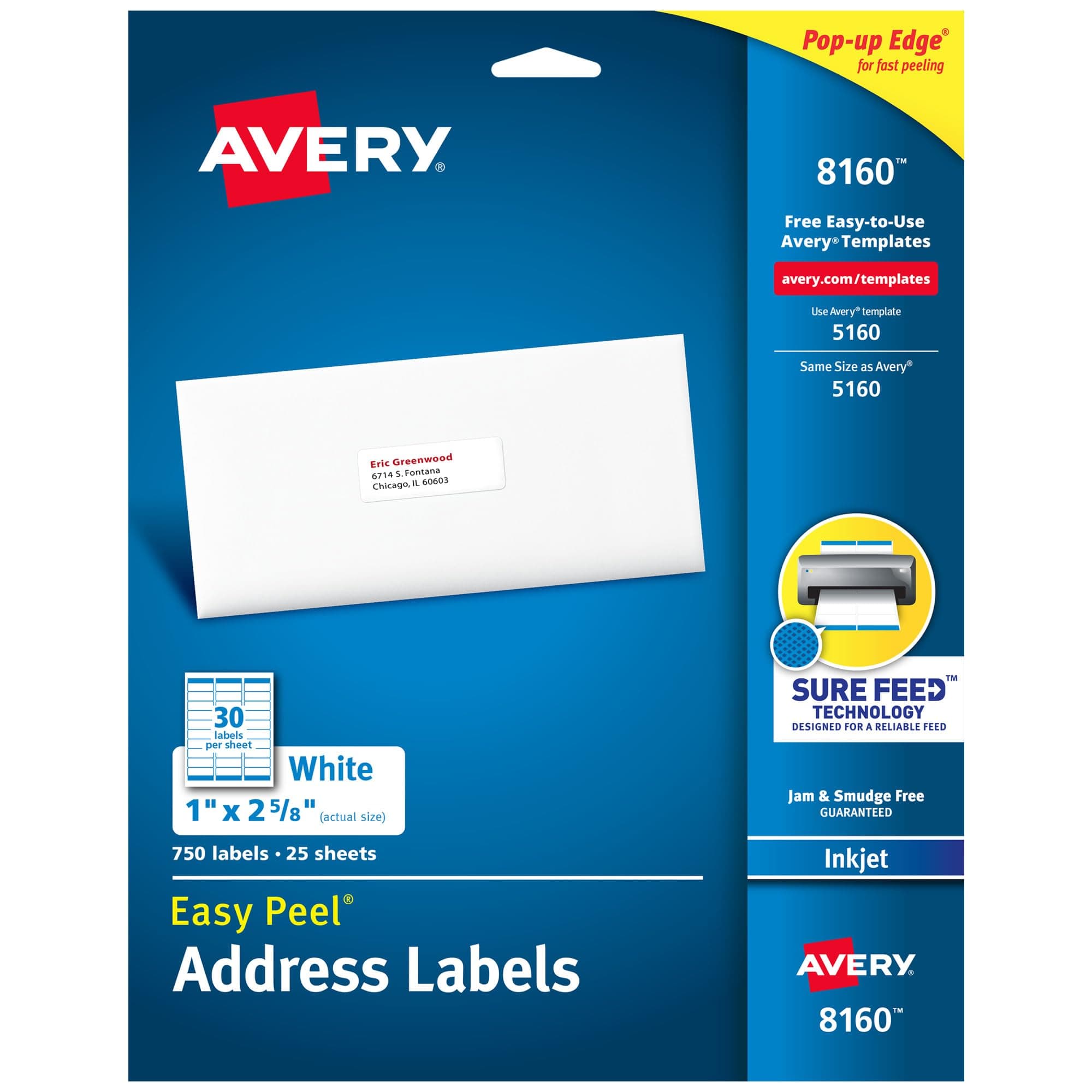 Avery Easy Peel Printable Address Labels with Sure Feed, 1" x 2-5/8" Customizable Stickers, White, 750 Blank Mailing Labels, Great for Mailing, Shipping, and More (8160)