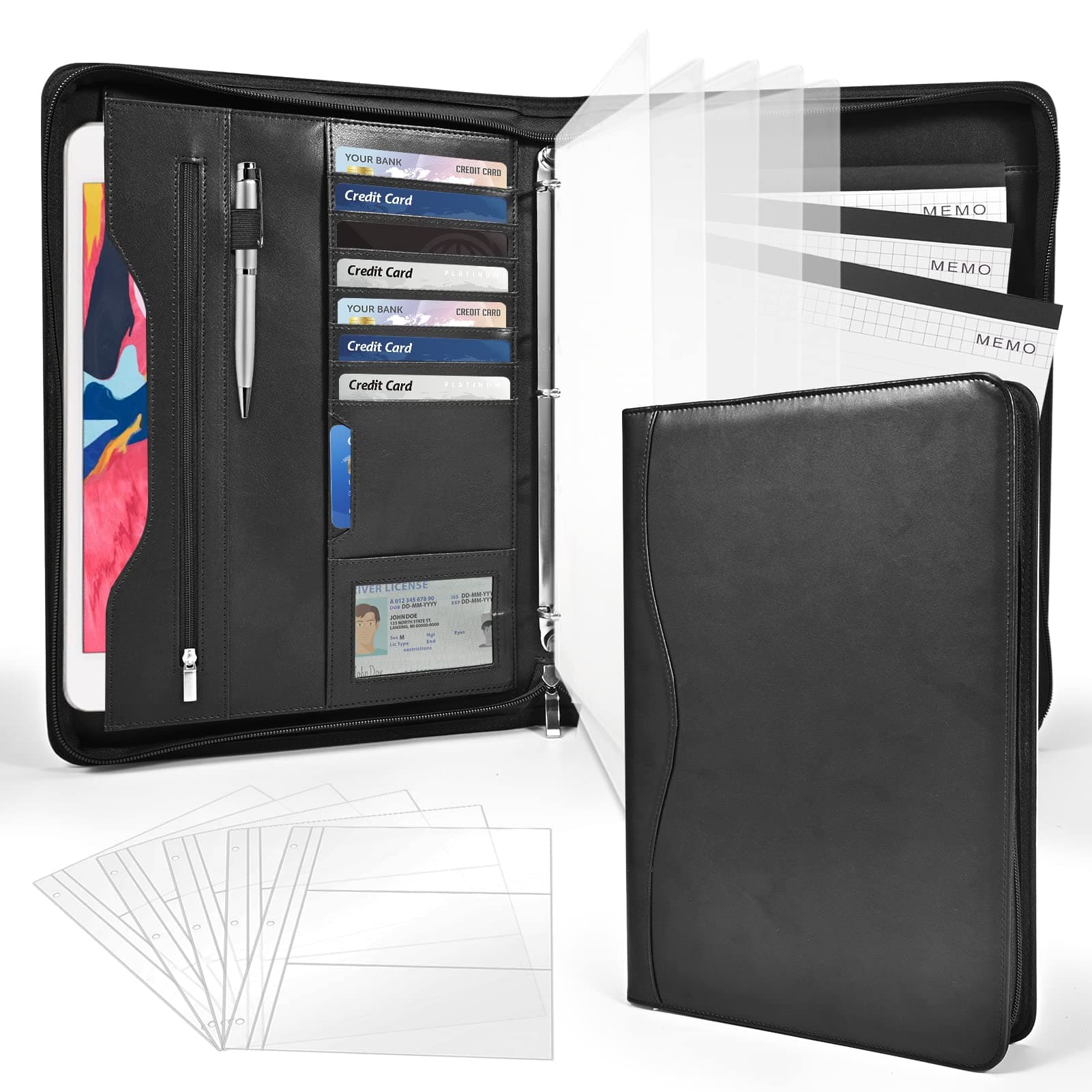 3-Ring Padfolio Portfolio Binder Organizer,PU Leather Folder Binder Business Planner Notebook Zippered Portfolio for Women/Men with Document Sleeve,Letter/A4 Size Clipboard