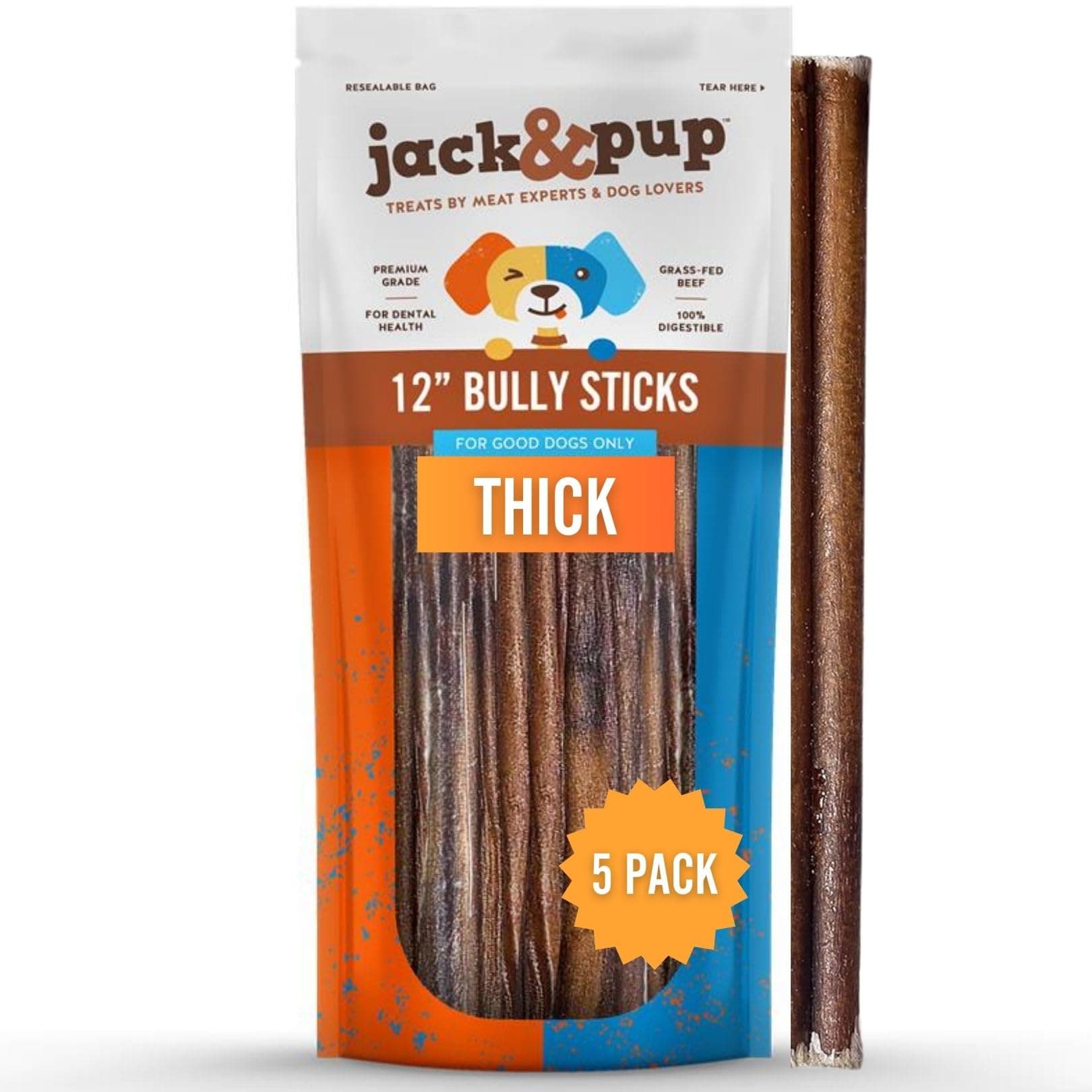 12 Inch Bully Sticks for Large Dogs (5 Pack) Thick Odor Free Bully Sticks, Long Lasting Pizzle Sticks for Dogs