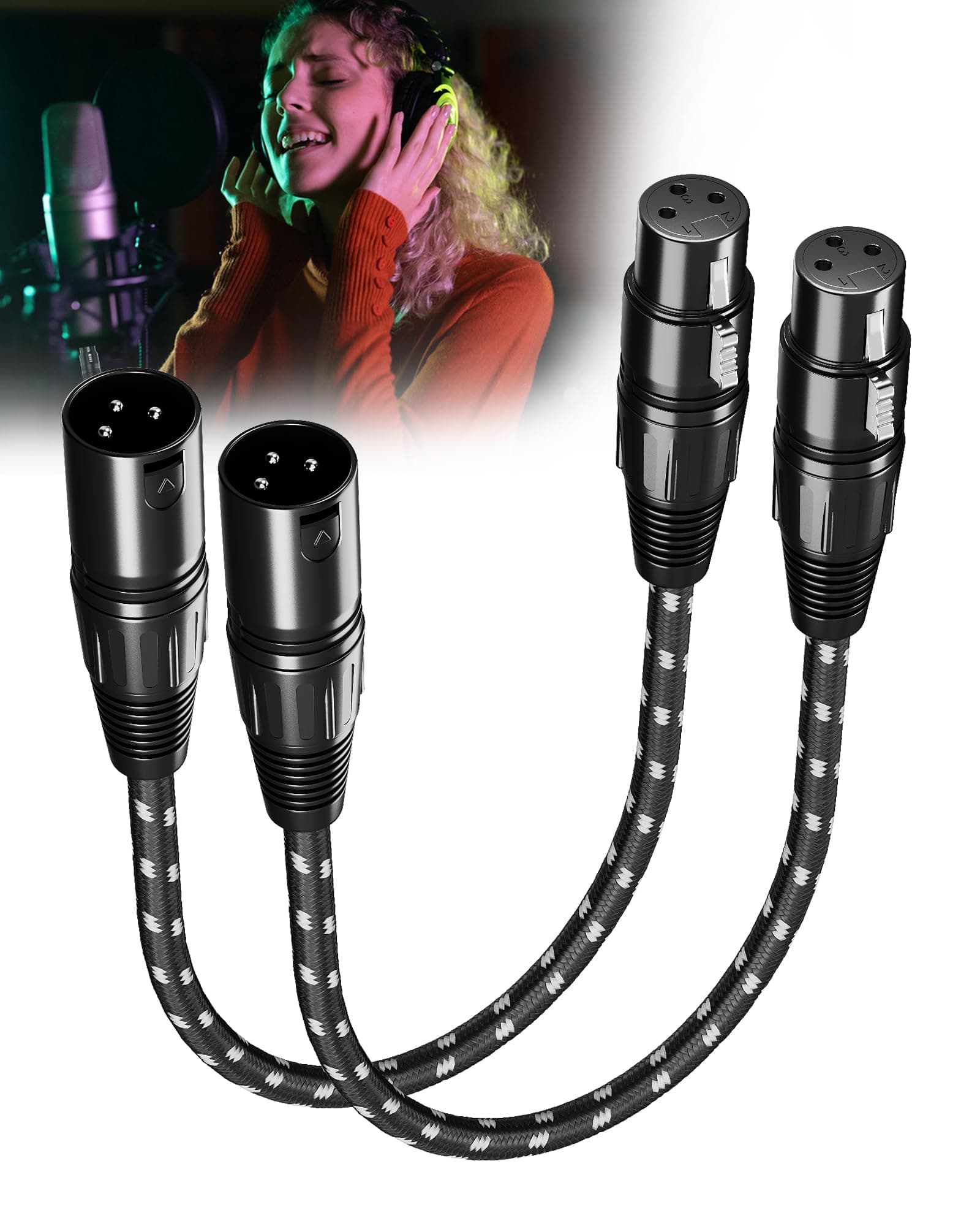 Short XLR Cables 1ft 2 Pack，Nylong Braided Balanced Shielded Nylon Braided Cord with 3-Pin XLR Male to Female for Microphones, Mixer, Amplifier, Speaker Systems