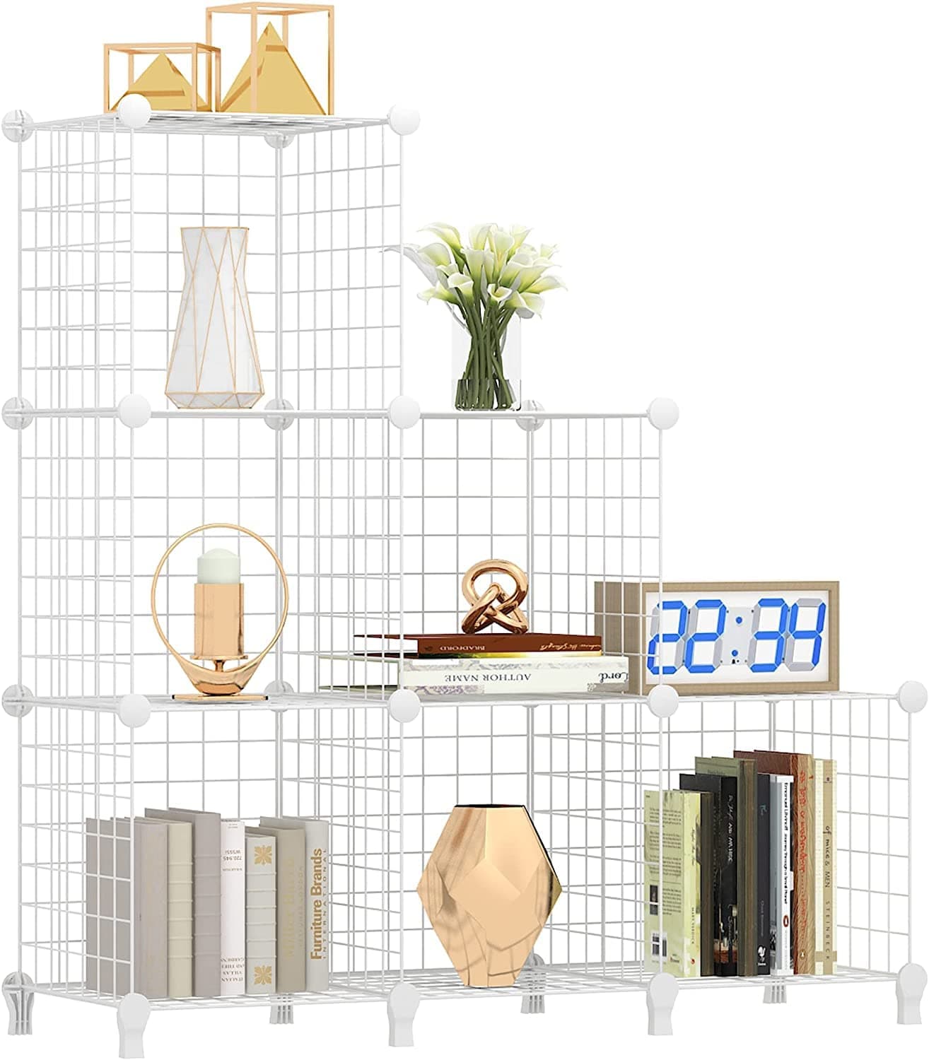 MIXDE Wire Cube Storage, Metal Grids Shelves Bookshelf, Stackable Modular Shelving Organizer, DIY Closet Bookcase Bookshelf, 6-Cube Grid Storage Shelf for Bedroom, Living Room, Office (White)