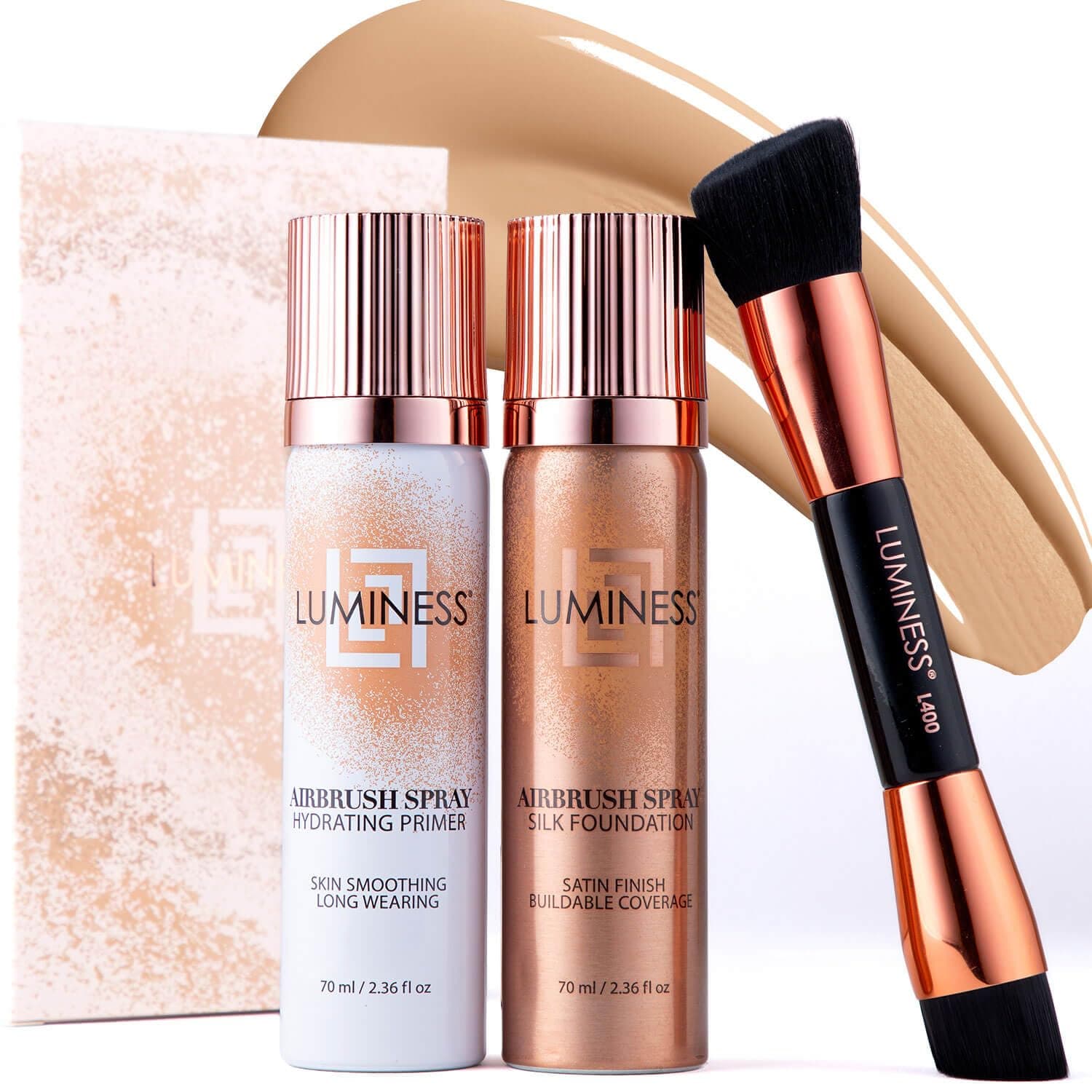 LUMINESS Silk Airbrush Spray Foundation Makeup Starter Kit - Full Coverage Foundation, Primer & Dual-Sided Buffing Brush - Buildable Coverage, Anti-Aging Formula Hydrates & Moisturizes (Light Medium)