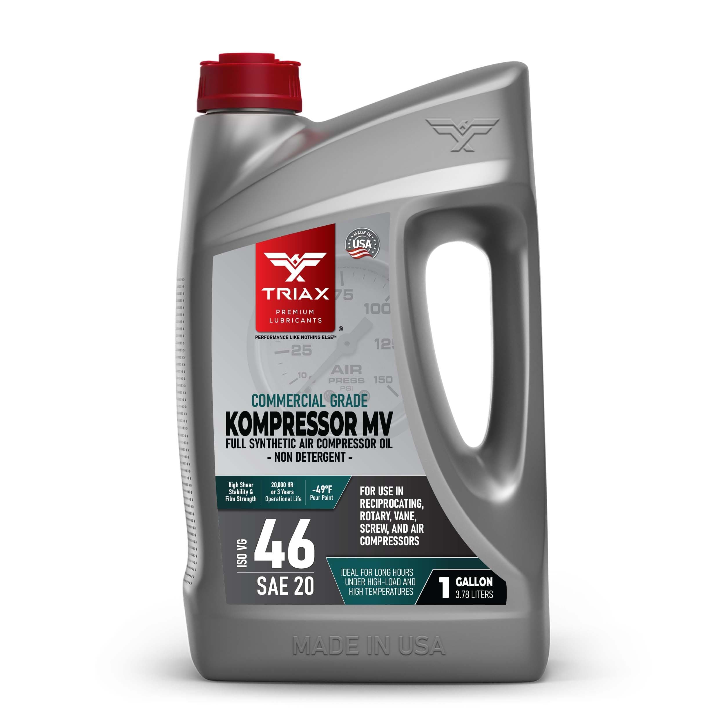 TRIAX Kompressor ISO 46 SAE 20, Full Synthetic, Multi-Vis Air Compressor Oil | for Rotary, Vane, Screw, and Reciprocal | Commercial Grade | High Temp | Non-Detergent (1 Gallon)