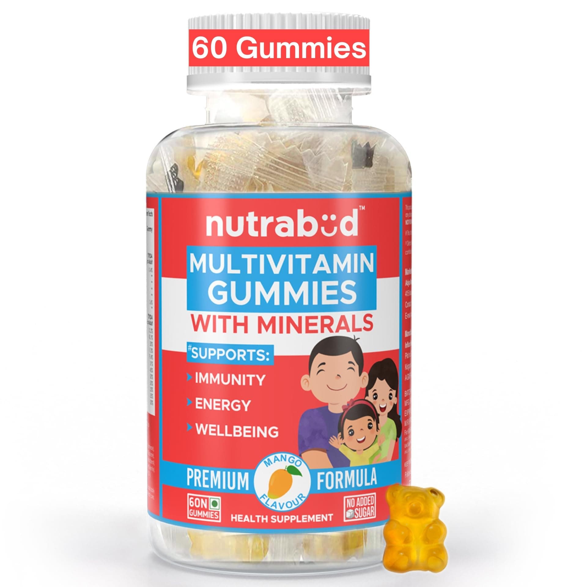 Nutrabud Multivitamin Gummies for Kids, Men, Women, Adults | No Added Sugar | For- Healthy Growth, Immunity & Energy | Mango Flavor Veg Gummy Bears Supplement - 60 Count (Pack Of 1)