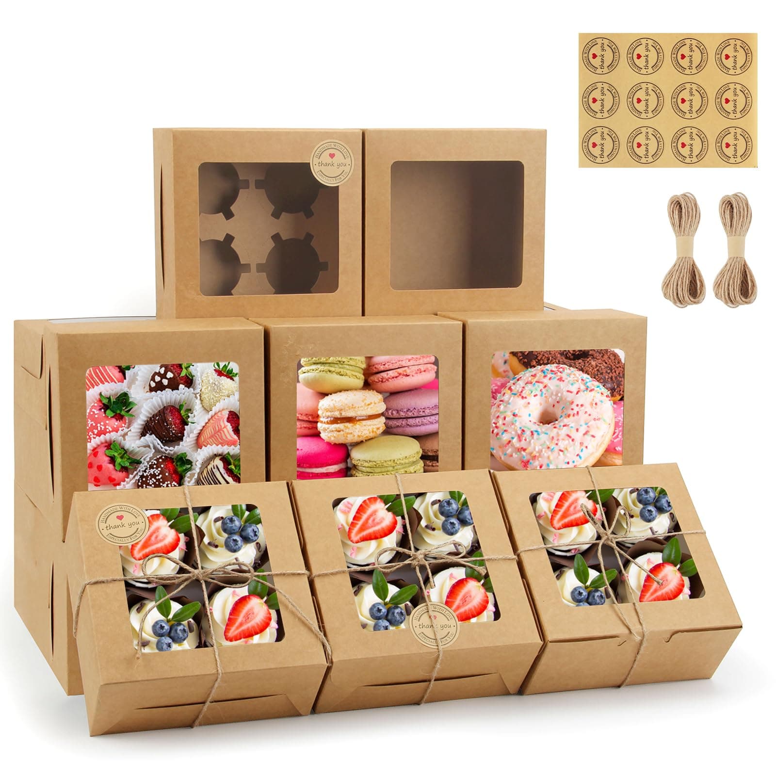 OAMCEG 50 PCS Cupcake Boxes with Window, 6x6x3 Inch Cookie Boxes, Brown Bakery Containers for Pastry, Dessert, Chocolate Strawberries, Treat Boxes with Stickers & Jute Twine