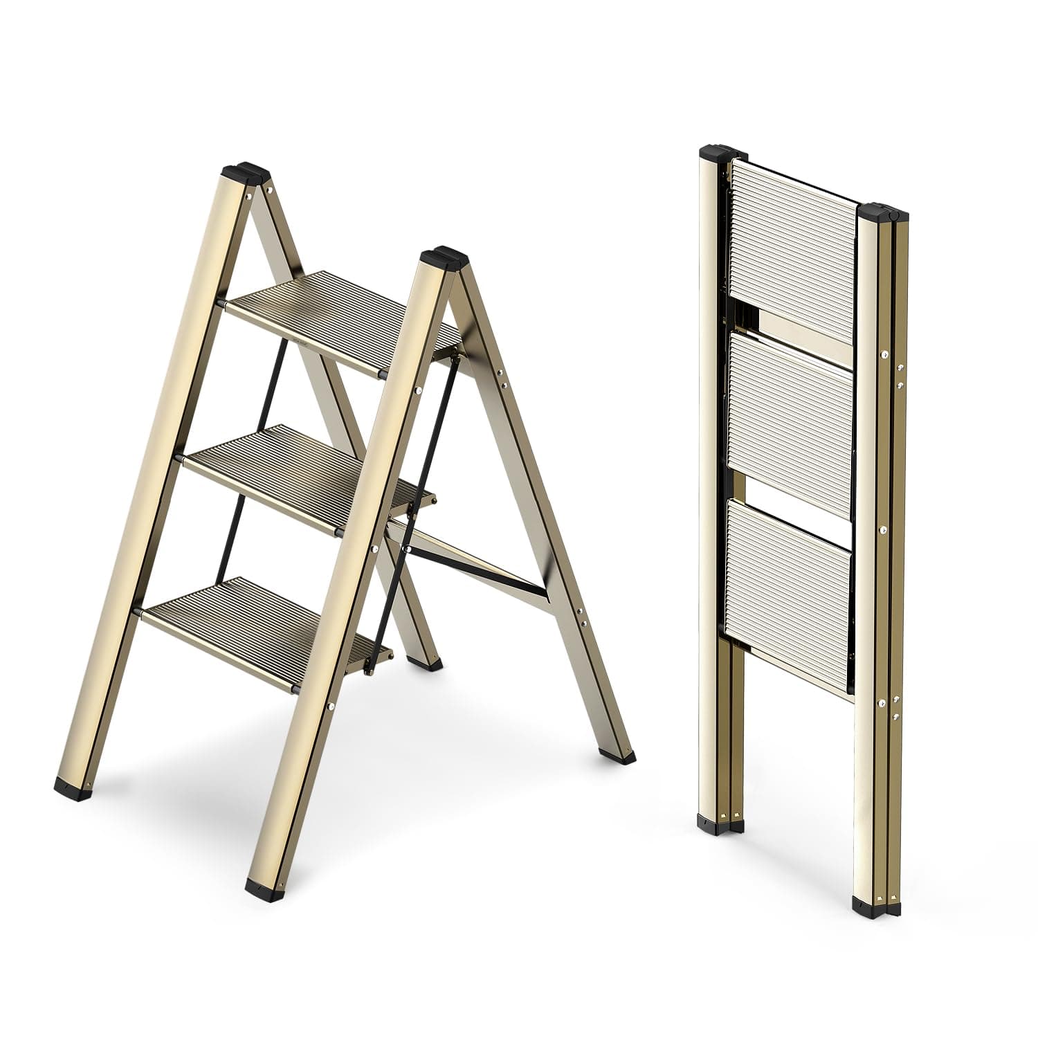WOA WOA 3 Step Ladder, Foldable Step Stool, Aluminum Lightweight Ladder for Home Kitchen Closet, Anti-Slip Pedals, Ease of Folding, Portable, 300lbs Capacity - Gold