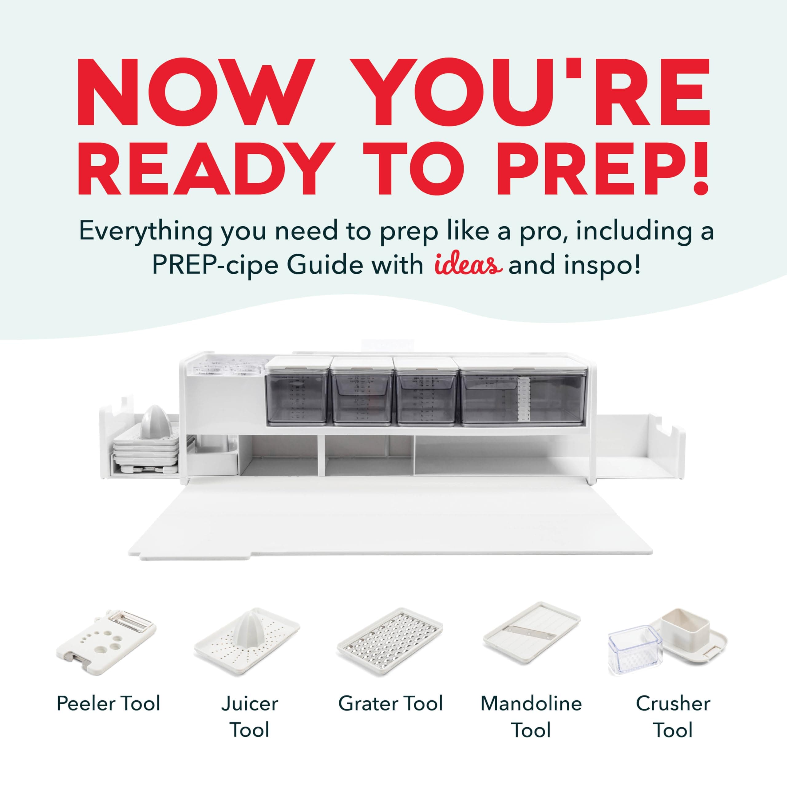 Prepdeck Gen 2 Recipe Prep & Storage Station - 8 Essential Tools + Deluxe Cutting Board, 14 Plastic Containers + Super-Seal Lids, Removable Trash Compartments, Tablet Stand Included - White Stone