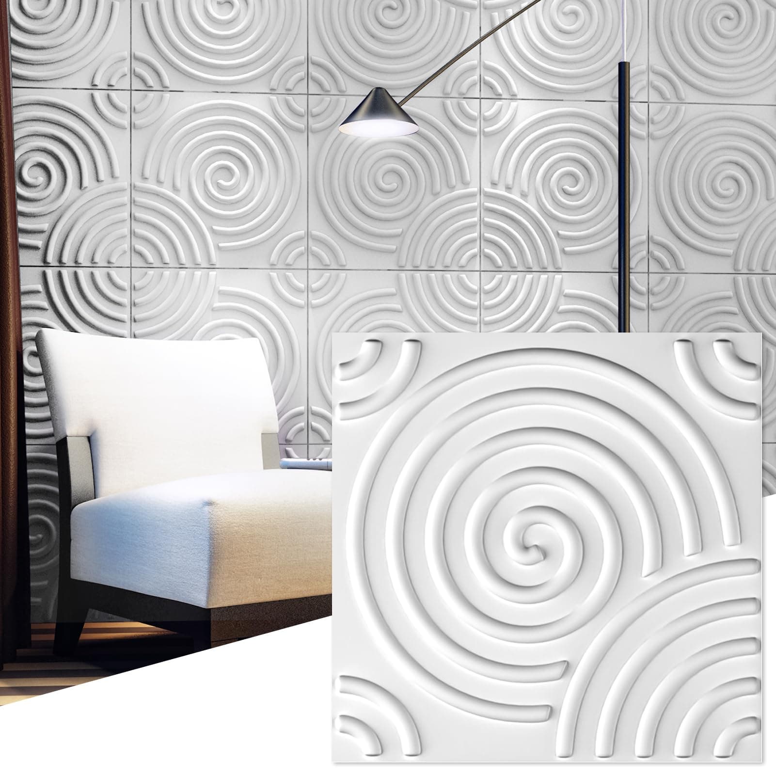 Art3d Paintable 3D Texture Wall Panels, White Vortex, Pack of 12 Tiles 32 Sq Ft (Plant Fiber)