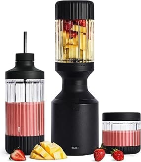 Beast Mega 1200 Plus | Premium Countertop Blender | Smoothies, Shakes, Sauces, Dips, Soups | Blends Ice and Frozen Fruit | XL Vessel | With Extra Vessels, Straw System | 1200W | (Carbon Black, 120V)