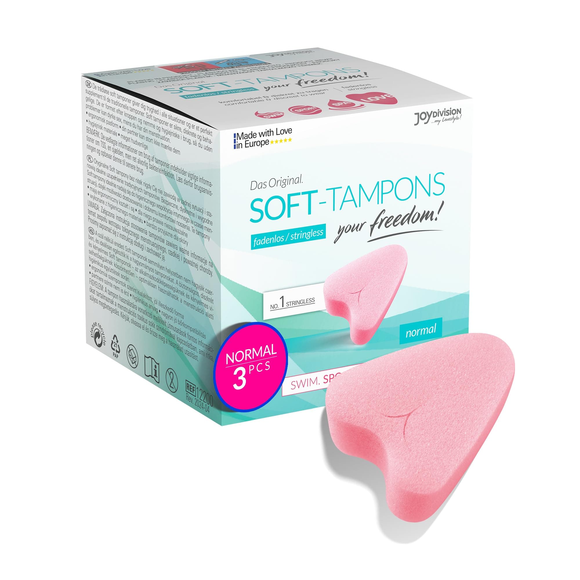 JOYDIVISION Soft-Tampons Normal I 3 Pieces I Threadless tampons for Sports, Swimming & spa I Menstrual sponges Ultra Soft I Easy Insertion & Removal I Soft Tampon Without Thread