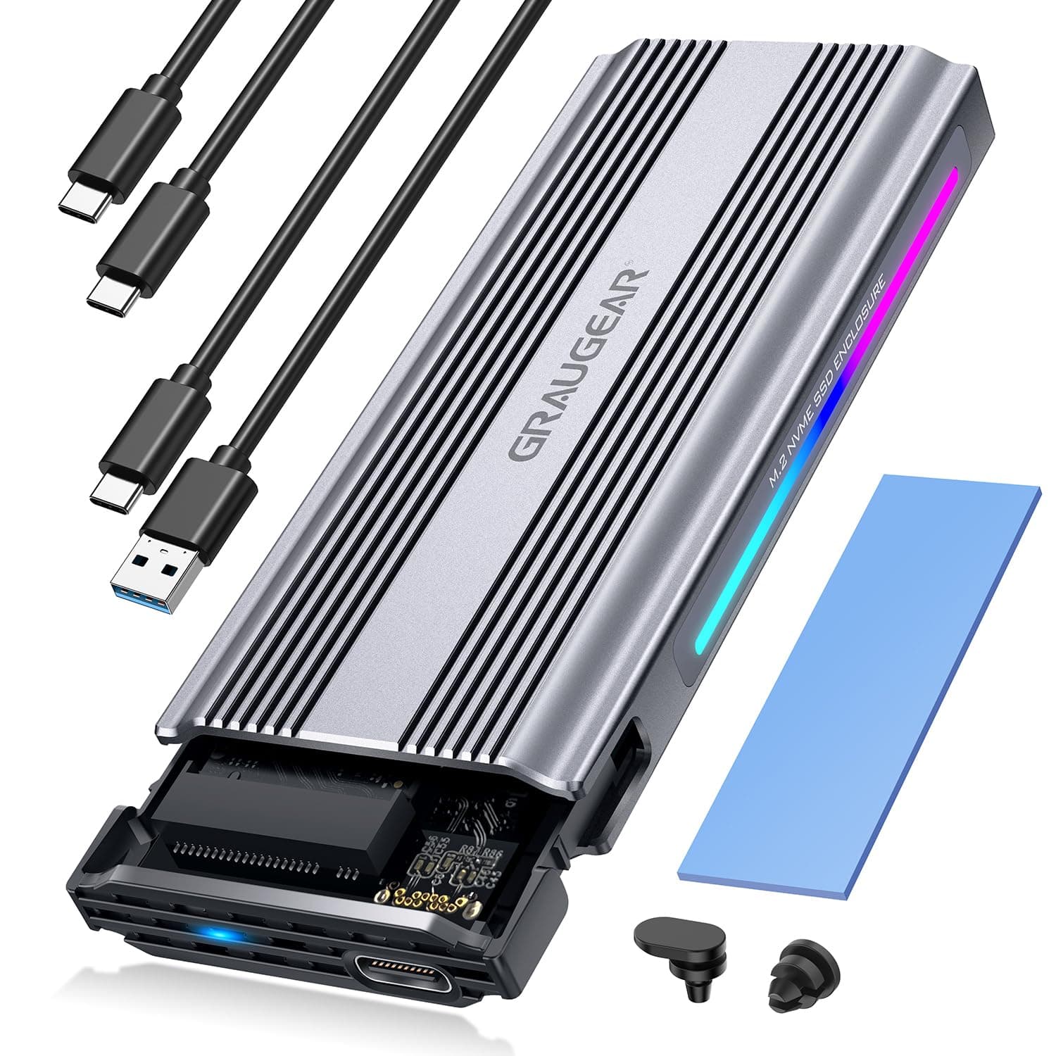 GRAUGEAR M.2 SSD Enclosure RGB, 10Gbps USB3.2 Gen2 Tool-Free Aluminum External M2 Solid State Drive NVMe Enclosure USB C, RTL9210 External Case for PCIe NVMe M-Key B+M Key [G-M901-AC-10G]
