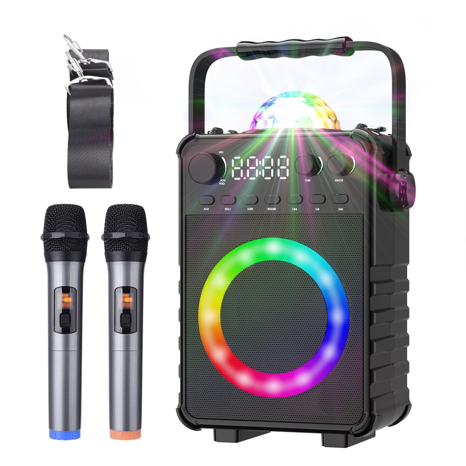 Karaoke Machine, Portable Bluetooth Karaoke Speaker with 2 Wireless Mics for Adults Kids Singing Machine with Disco LED Lights Gifts for Girls Boys Home Party