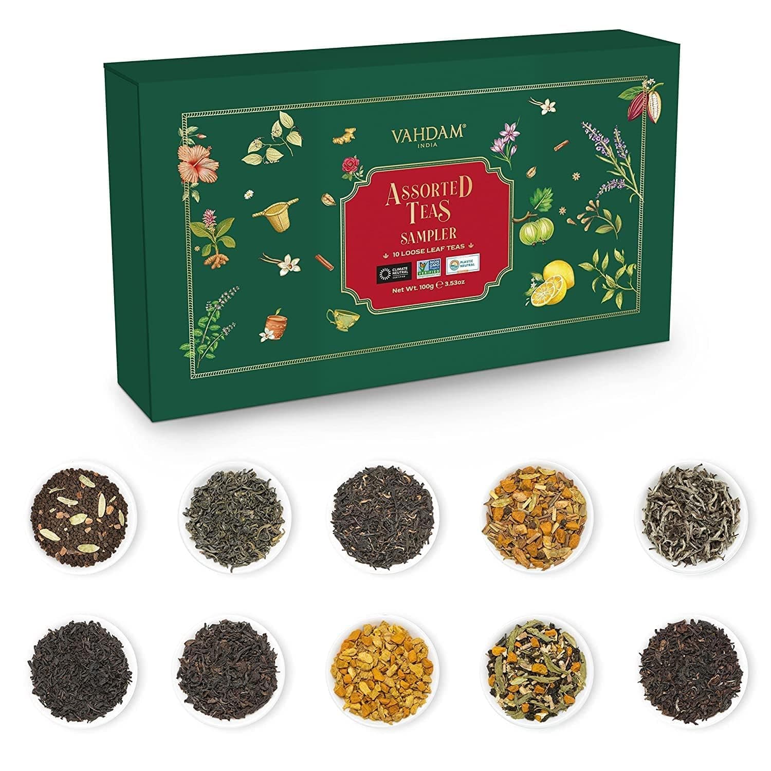 VAHDAM Top 10 Favourites Tea Sampler Set | Loose Leaf Tea (50+ Cups) | Tea Variety Pack with Green, Herbal, Black & Chai Brew | Vacuum Sealed For Freshness | Brew Hot & Cold