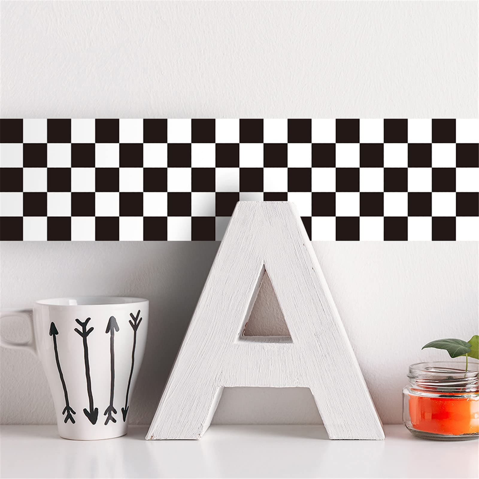 Checkered Pattern Wallpaper Border, Black and White, 4 inch x 79 inch, Self-Adhesive