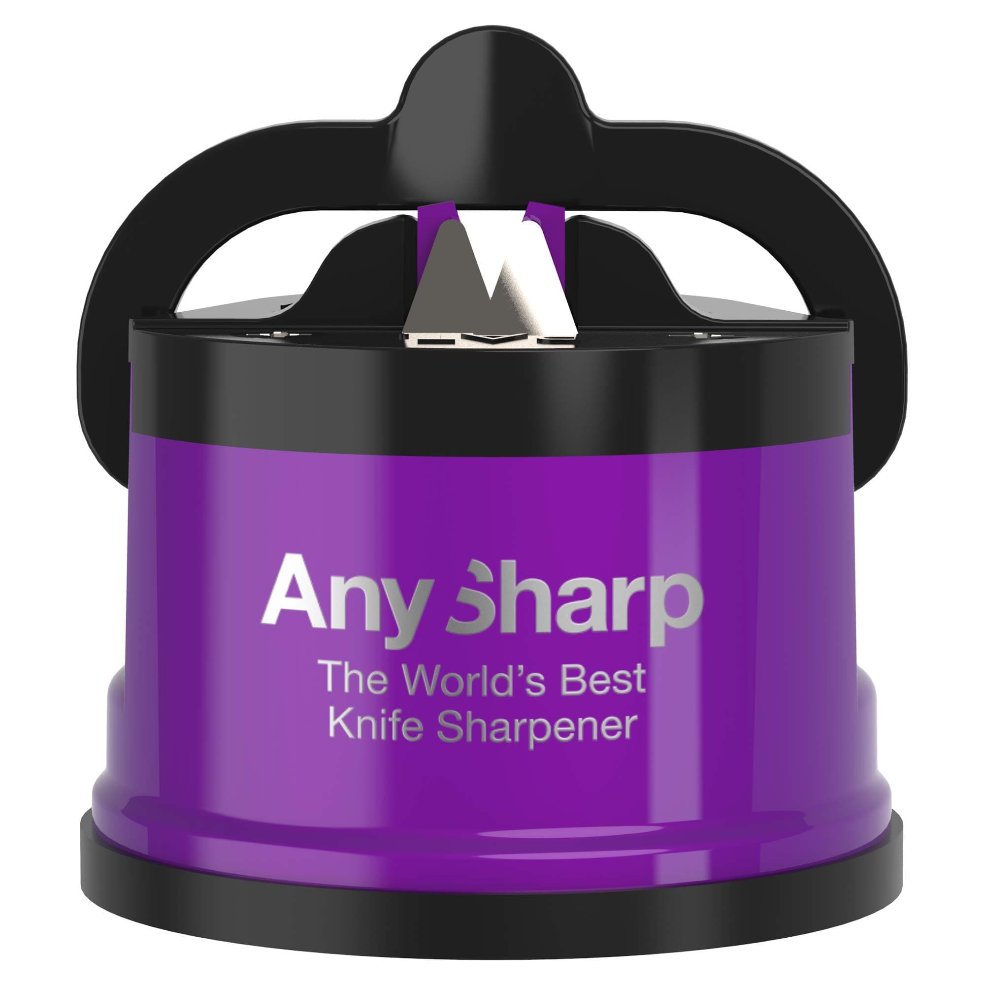 AnySharp – PRO – Hands Free Knife Sharpener - Easy to Use Sharpening Tool with PowerGrip Suction Base and 20-Degree Pre-set Angle - For All Knives: Chef’s, Serrated, and Hardened Steel - Purple (UV)