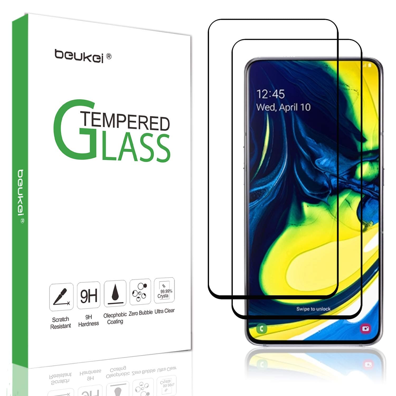 (2 Pack) Beukei Compatible for Samsung Galaxy A80 Screen Protector Tempered Glass, Full Screen Coverage, Touch Sensitive,Case Friendly, 9H Hardness