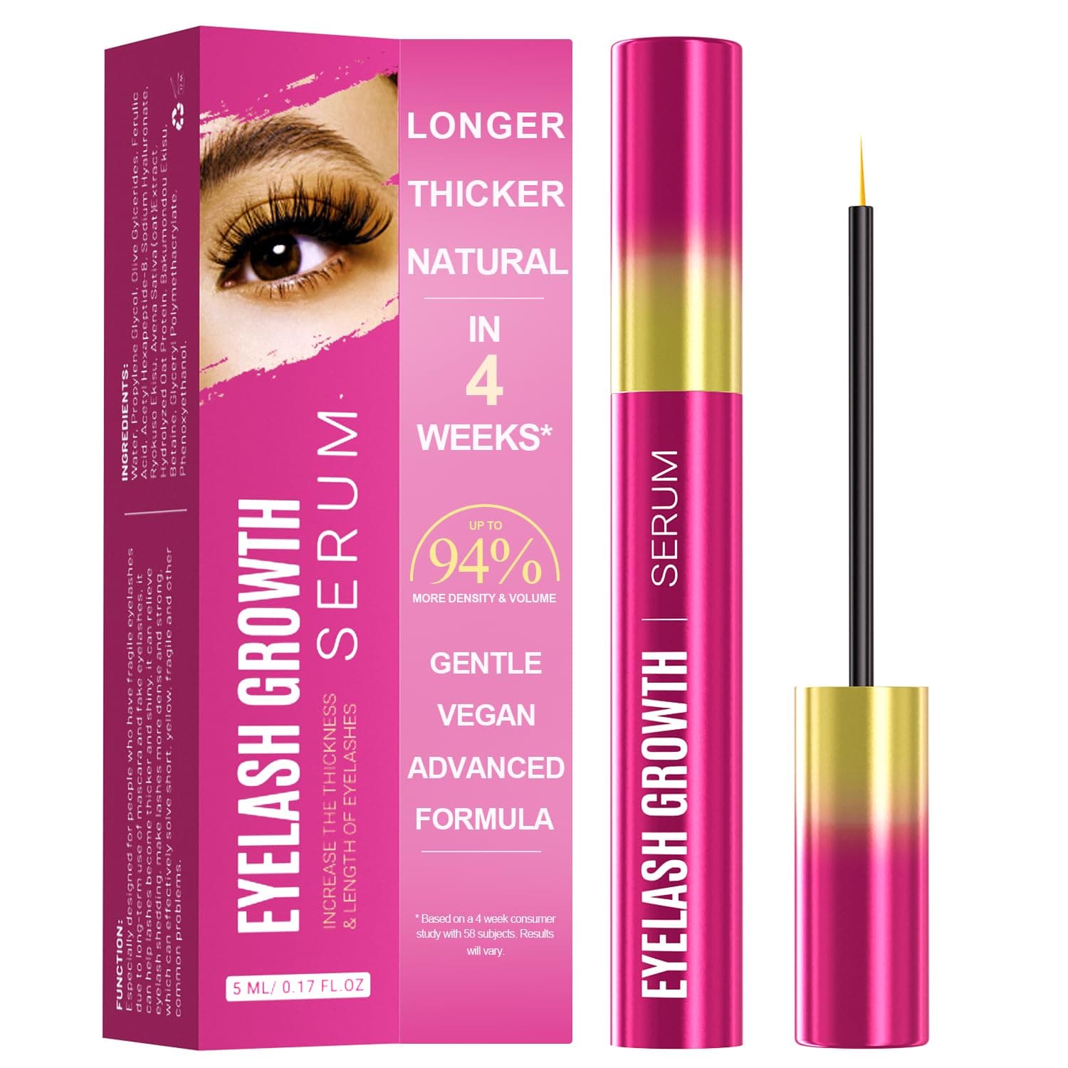 Eyelash Growth Serum - Advanced Formula for Longer, Thicker, Fuller Lashes - Vegan & Gentle Lash Serum - 0.17 Fl Oz (5mL)
