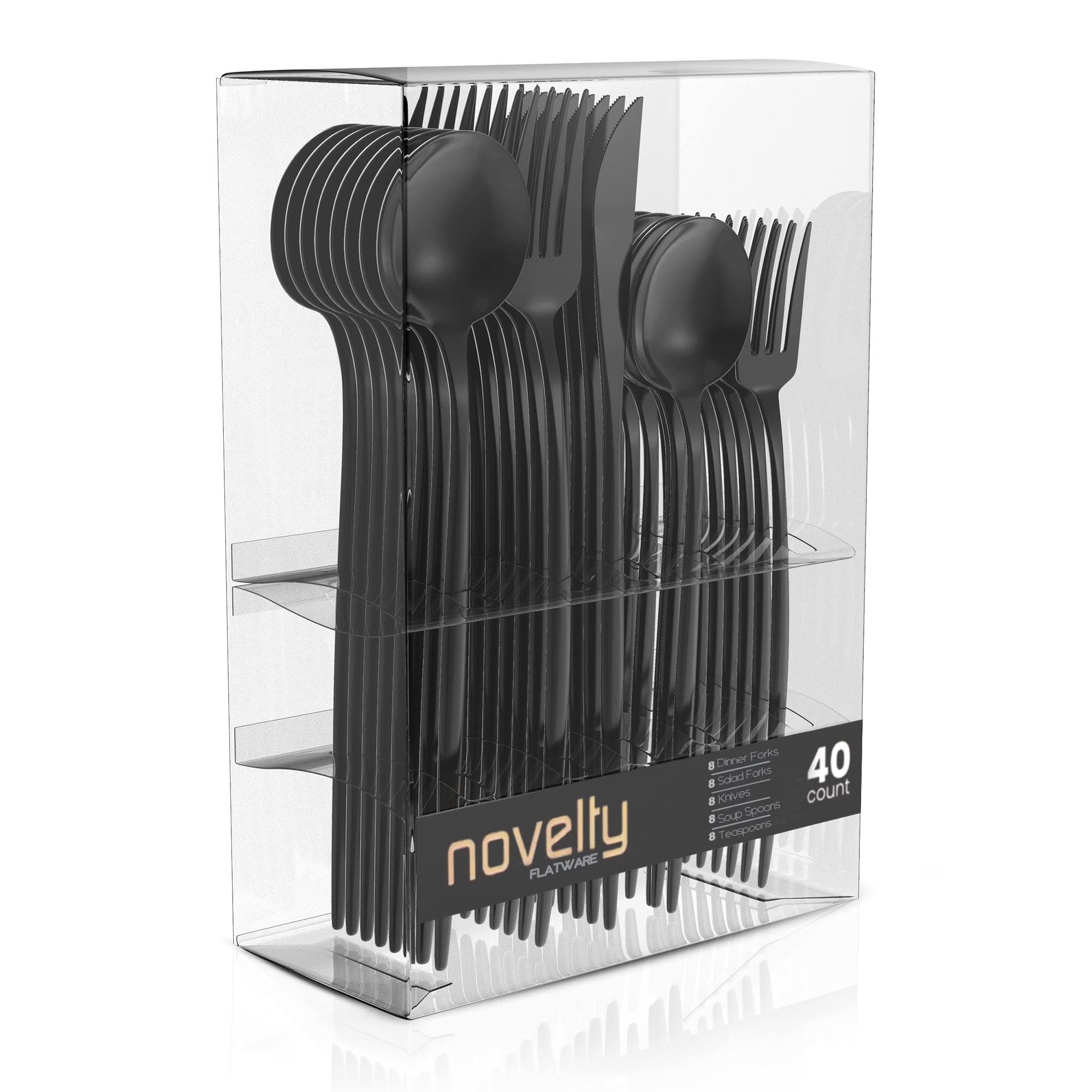 Party Bargains Plastic Silverware Set, 40 Pc, Novelty Design, Black, 16 Forks, 8 Knives, 16 Spoons, Disposable Cutlery, Modern Flatware Utensils, Place Settings, Dinner, Dessert, Entrees