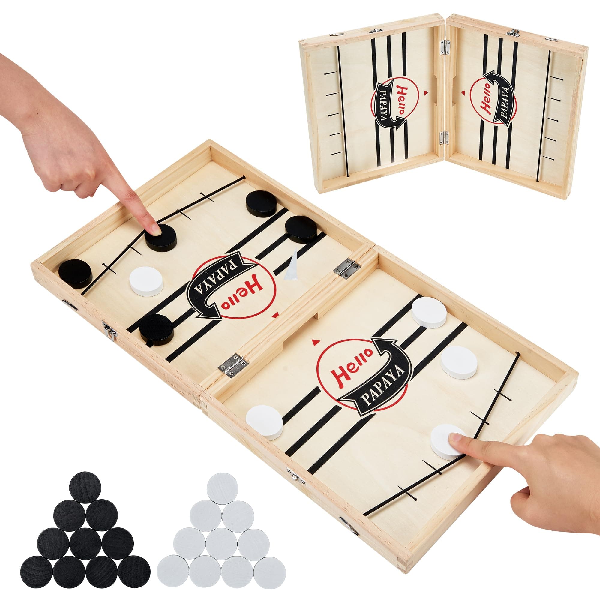 Foldable Fast Sling Puck Game with Chess Board and Checkers Board, Tic Tac Toe. Wooden Air Hockey Family Night,Table Games Gifts for Adults and Kids