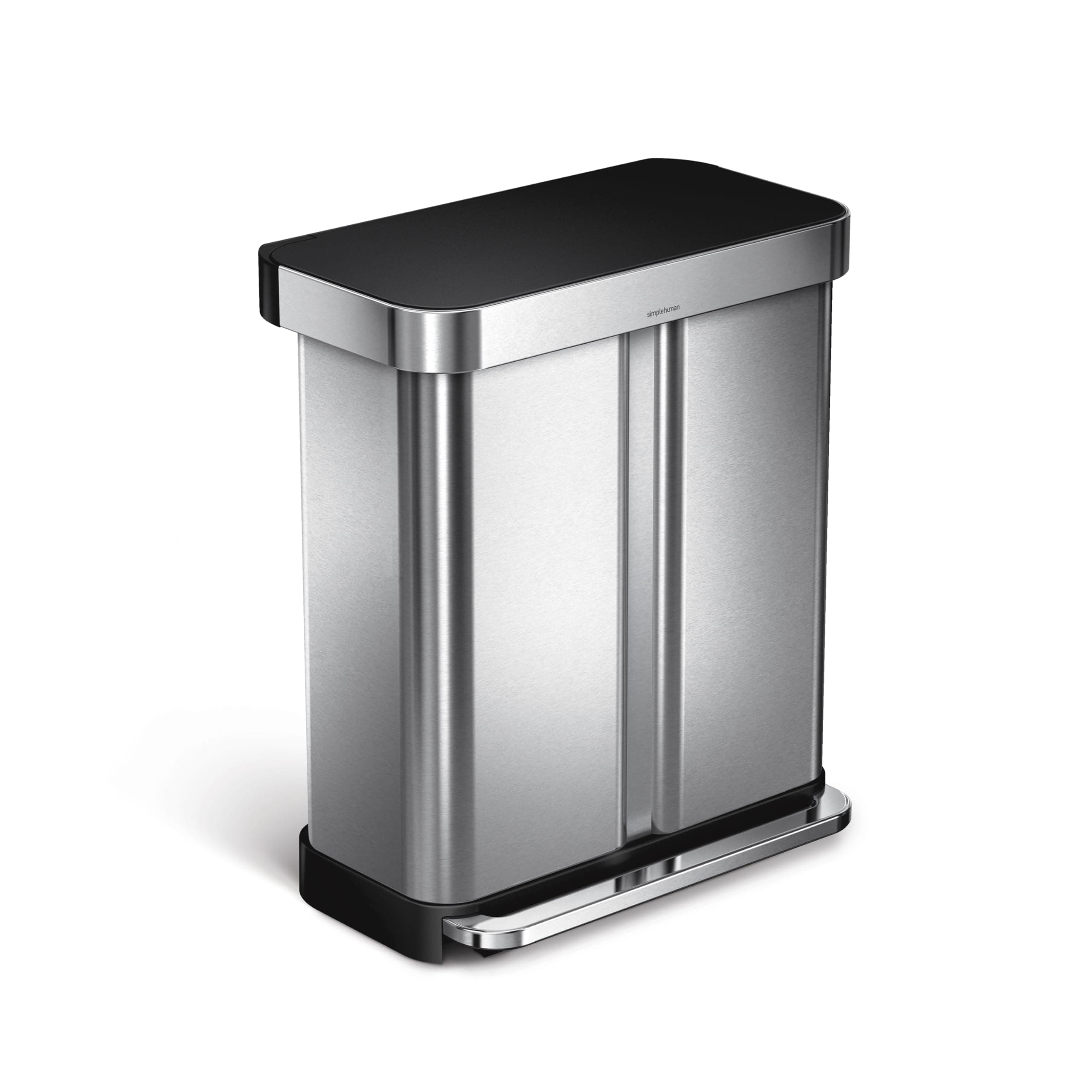 simplehuman 58 Liter / 15.3 Gallon Rectangular Dual Compartment Recycling Kitchen StepTrash Can with Soft-Close Lid, Brushed Stainless Steel with Black Plastic Lid
