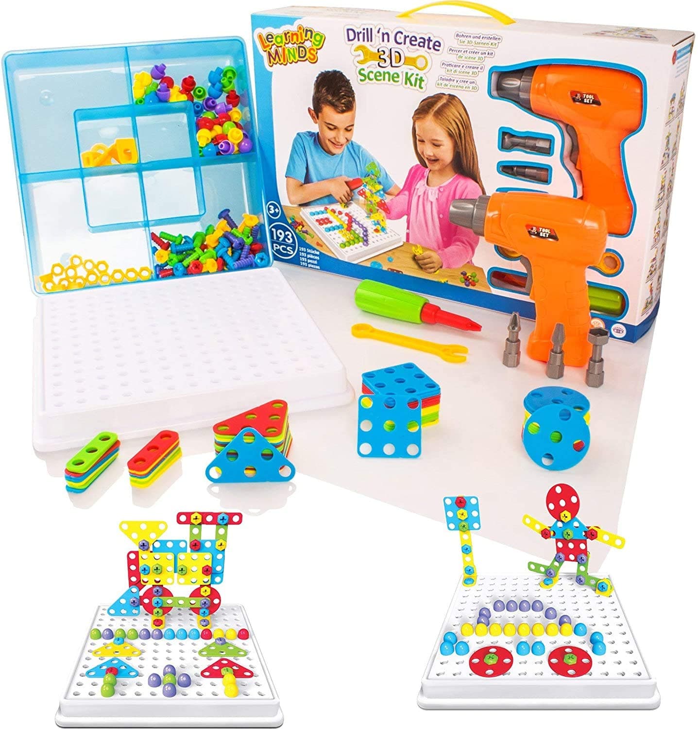 Learning Minds Drill 'n Create 2 in 1 Scene Construction Toy Tool Kit - 193 Piece 3D Mosaic Pegboard - Real Working Drill - Batteries Included