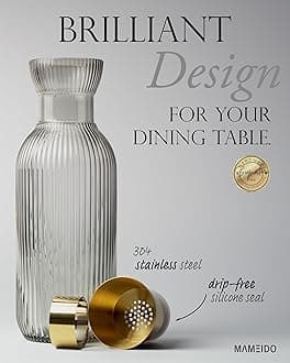 MAMEIDO Water Carafe 1 l, Glass Carafe with pour spout & sieve, Hand-blown Water jug ​​with noble look for special occasions, carafes to give as a gift (Smoke Gold)