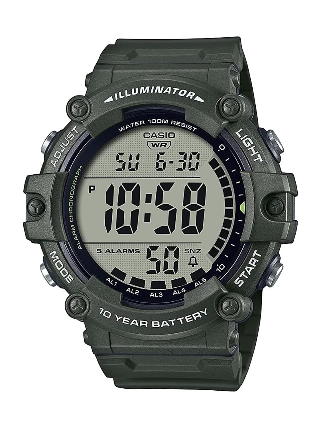 Casio Illuminator 10-Year Battery Extra Long Strap 100 M Water Resistance 5-Alarm w/Countdown Timer Men's Digital Watch, Green, AE-1500WHX-3AVCF, Green, Sport