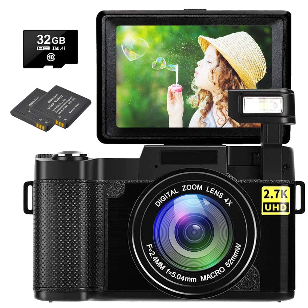 Digital Camera Vlogging Camera 2.7K 30MP Ultra HD Camera Compact Camera 4X Digital Zoom Retractable Flashlight Video Camera with 3.0 Inch Flip Screen with 32GB Micro SD Card and 2 Batteries