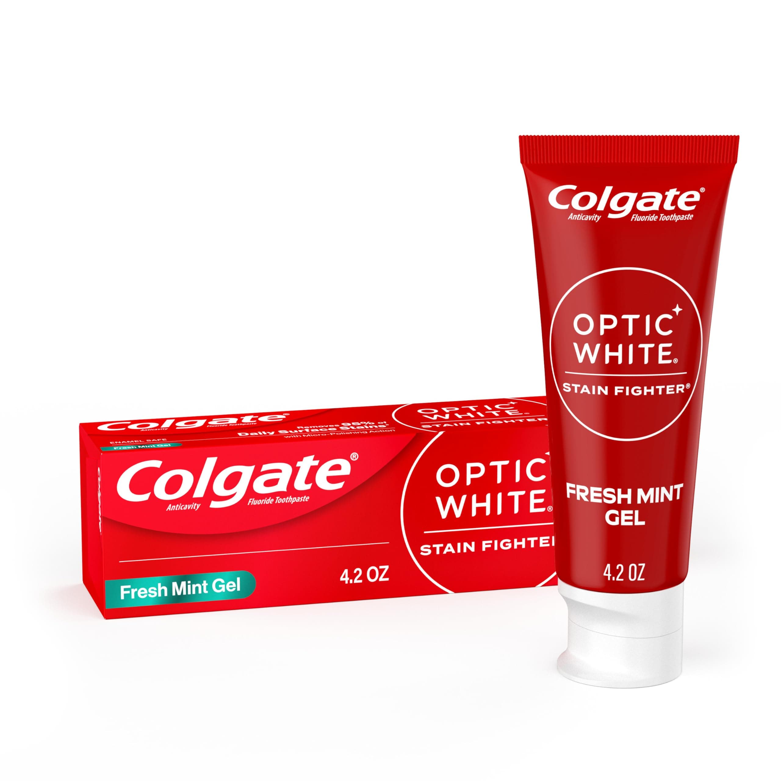 Colgate Optic White Stain Fighter Teeth Whitening Toothpaste, Anticavity Fluoride Toothpaste for Whitening Teeth, Helps Remove Daily Surface Stains, Fresh Mint, 4.2 oz