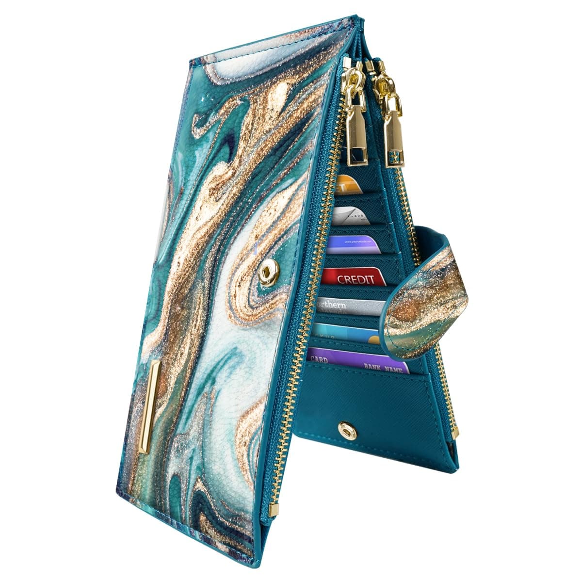 Womens RFID Blocking Large Capacity Wallet Multi Card Organizer Bifold Wallet for Women with Zipper Pocket,Green Painting