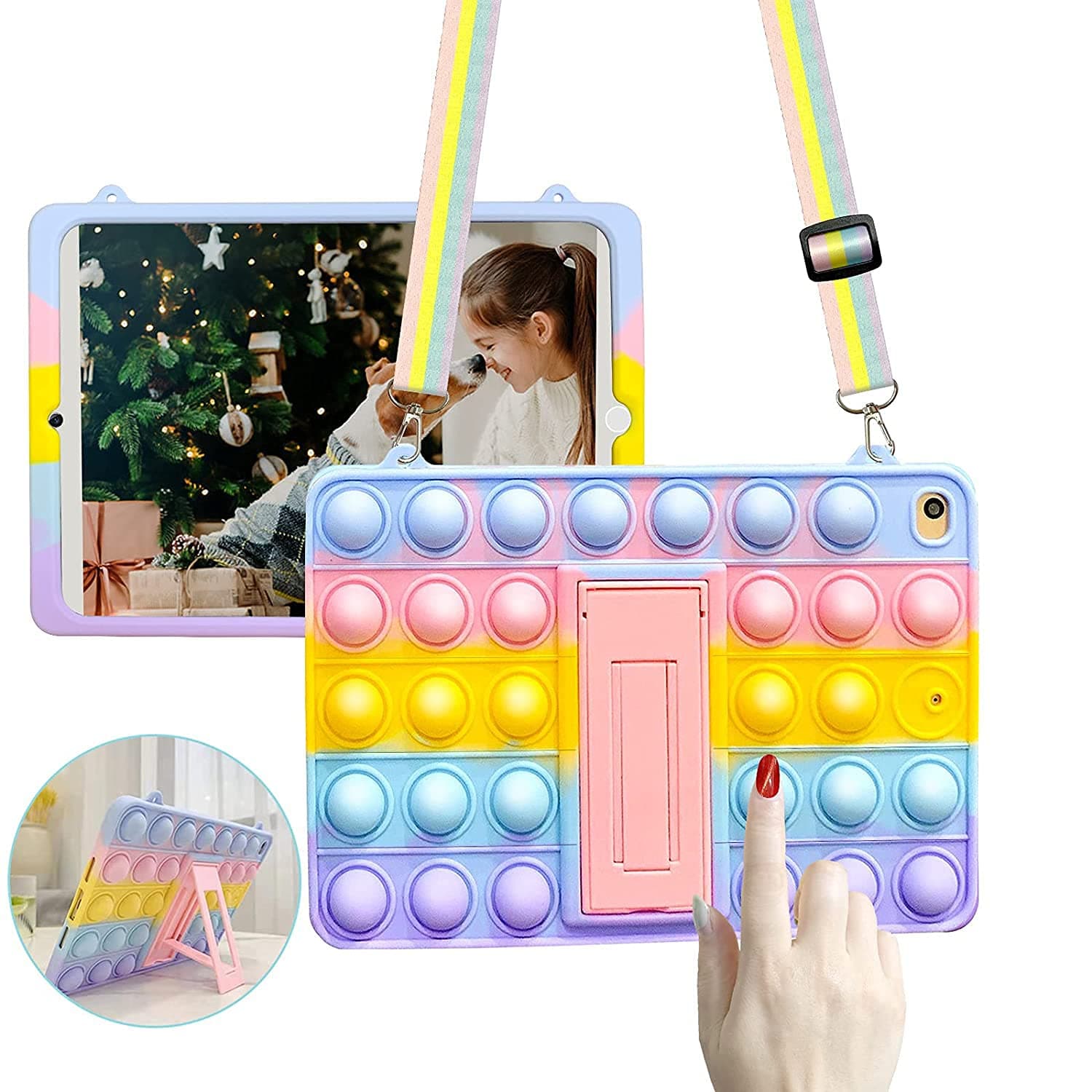 Arrival Fidget Toy Push Pop Bubble Case for iPad, Rainbow Soft Full Body Protection Cover with Fold Kickstand Lanyard, Protective Tablet Cover for iPad, Ipad Case (iPad Air 10.9''(2020))