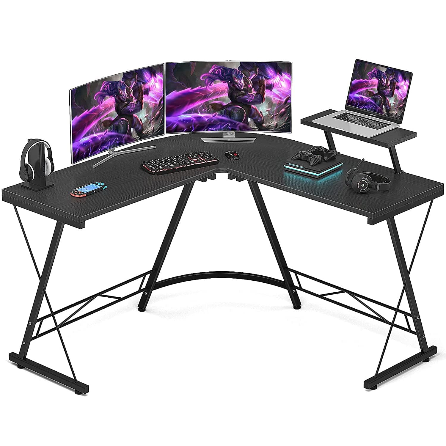 L Shaped Gaming Desk 130cm Computer Corner Desk, Gaming Table with Large Monitor Stand for Home Office, Sturdy Writing Workstation, Gaming Desk with Shelf,Space-Saving, Black