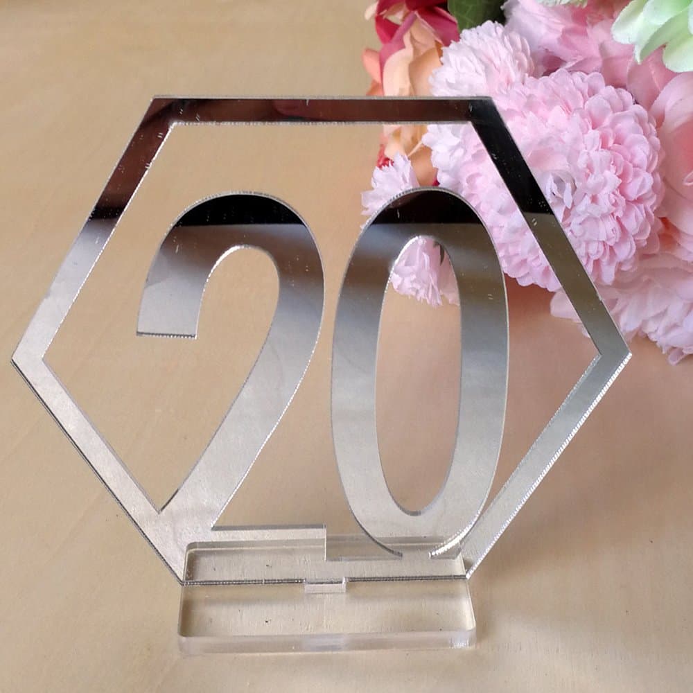 Table Numbers,1-20 Acrylic Table Numbers for Wedding,Hexagon Shape Mirror Table Numbers with Holder Base for Wedding, Party, Events Or Catering Reception and Decoration (Silver)