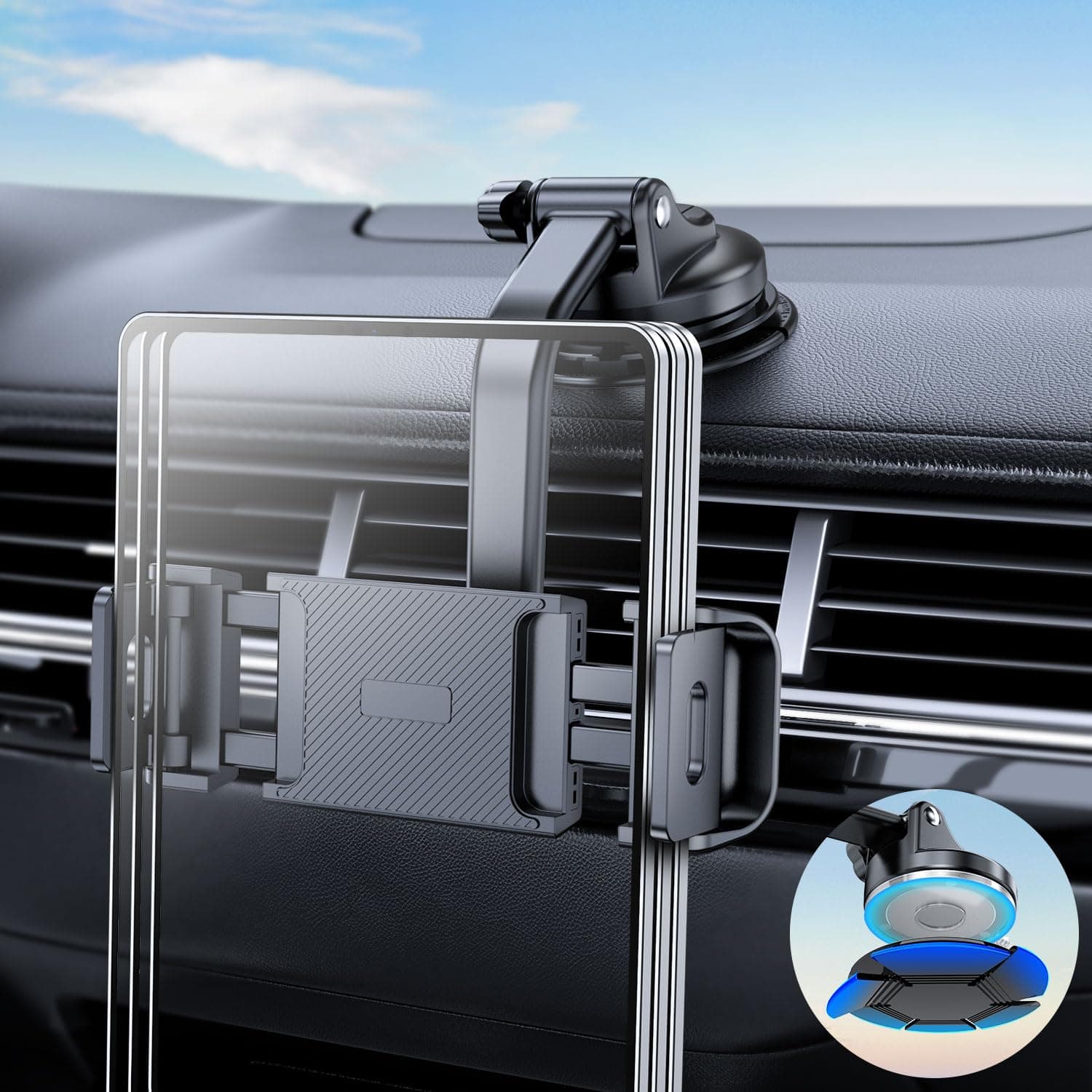 eSamcore Tablet Holder for Car Dashboard, Windshield Mount Holder for iPad & Foldable Phone Stand with Stable 360° Adjustable Clamp Car Gadgets & Accessories for iPad Air Pro Mini All 6”-11” Devices