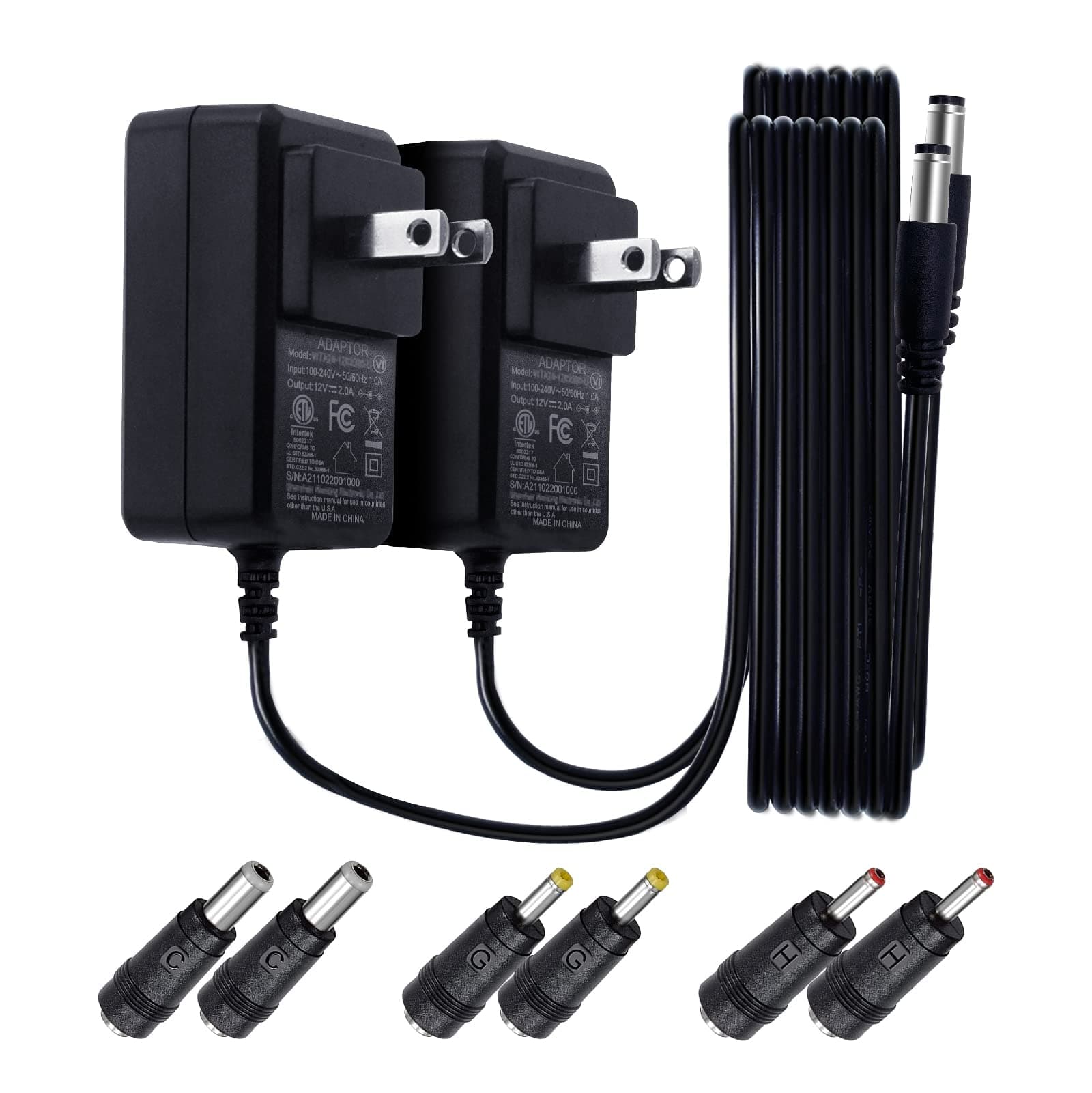 2Pack 12V 2A/2000mA DC Regulated Power Supply Adapter, 100-240V 50/60Hz AC to DC 24W Adapter with 3 Tips for LED Strip Lights, Keyboard, BT Speaker, Router, Monitor,Webcam,DVR,NVR, CCTV Camera, ETL