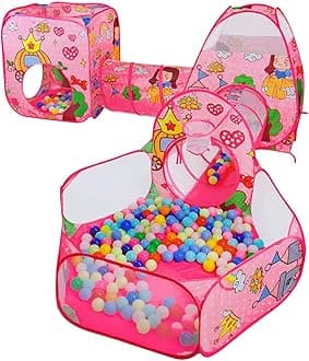 LOJETON 5pc Princess Theme Kids Ball Pit Tents, Pop up Tents for Babies, 2 Tents + 2 Crawl Tunnels + 1 Ball Pit with Basketball Hoop, Indoor Outdoor Playhouse Toys for Boys, Girls and Toddlers
