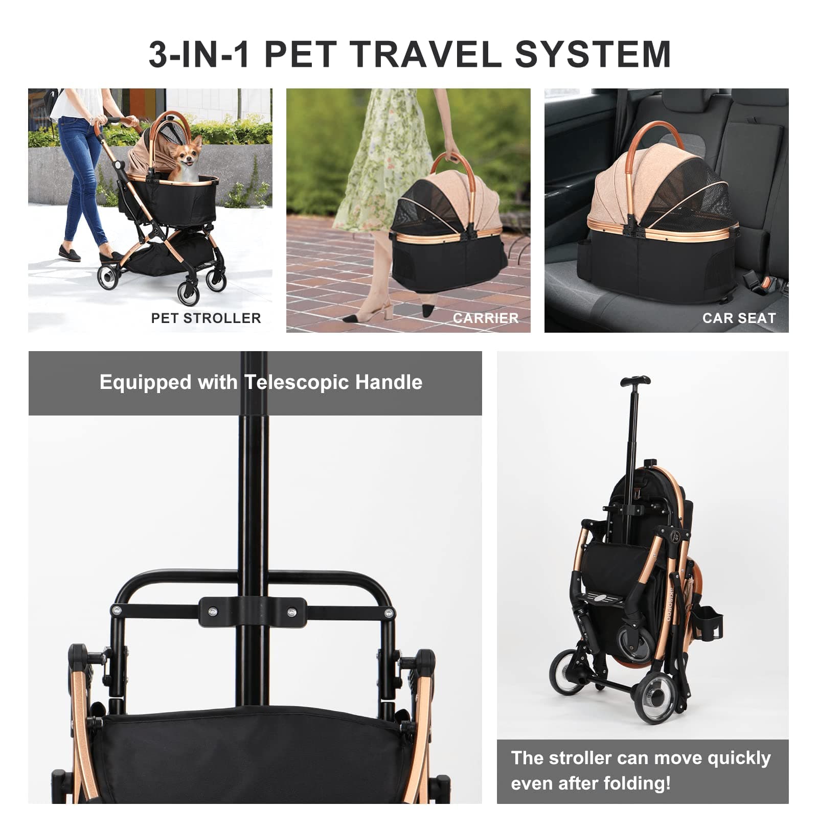 SKISOPGO 3 in 1 Foldable Pet Stroller for Small Medium Dogs Cats, No-Zip Dog Stroller with Detachable Carrier, Push Button, Luxury Pet Gear for Puppy Travel (Khaki)