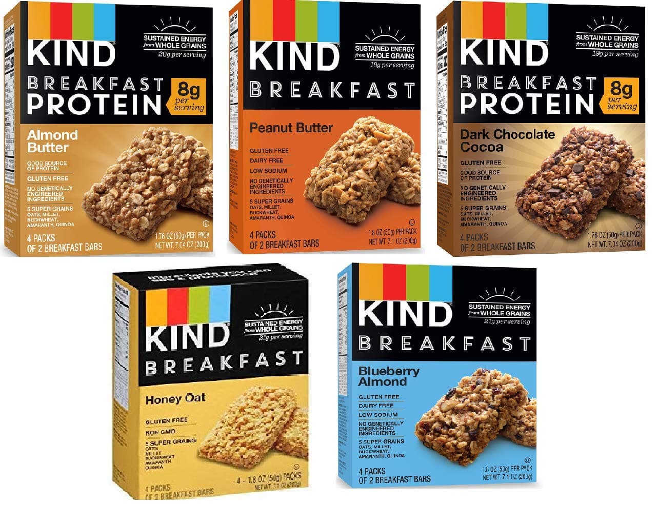 Breakfast Bars New Variety 5 Pack. 1 Box of each: Dark Chocolate, Honey Oat, Peanut Butter, Almond Butter. Total of 40 Bars
